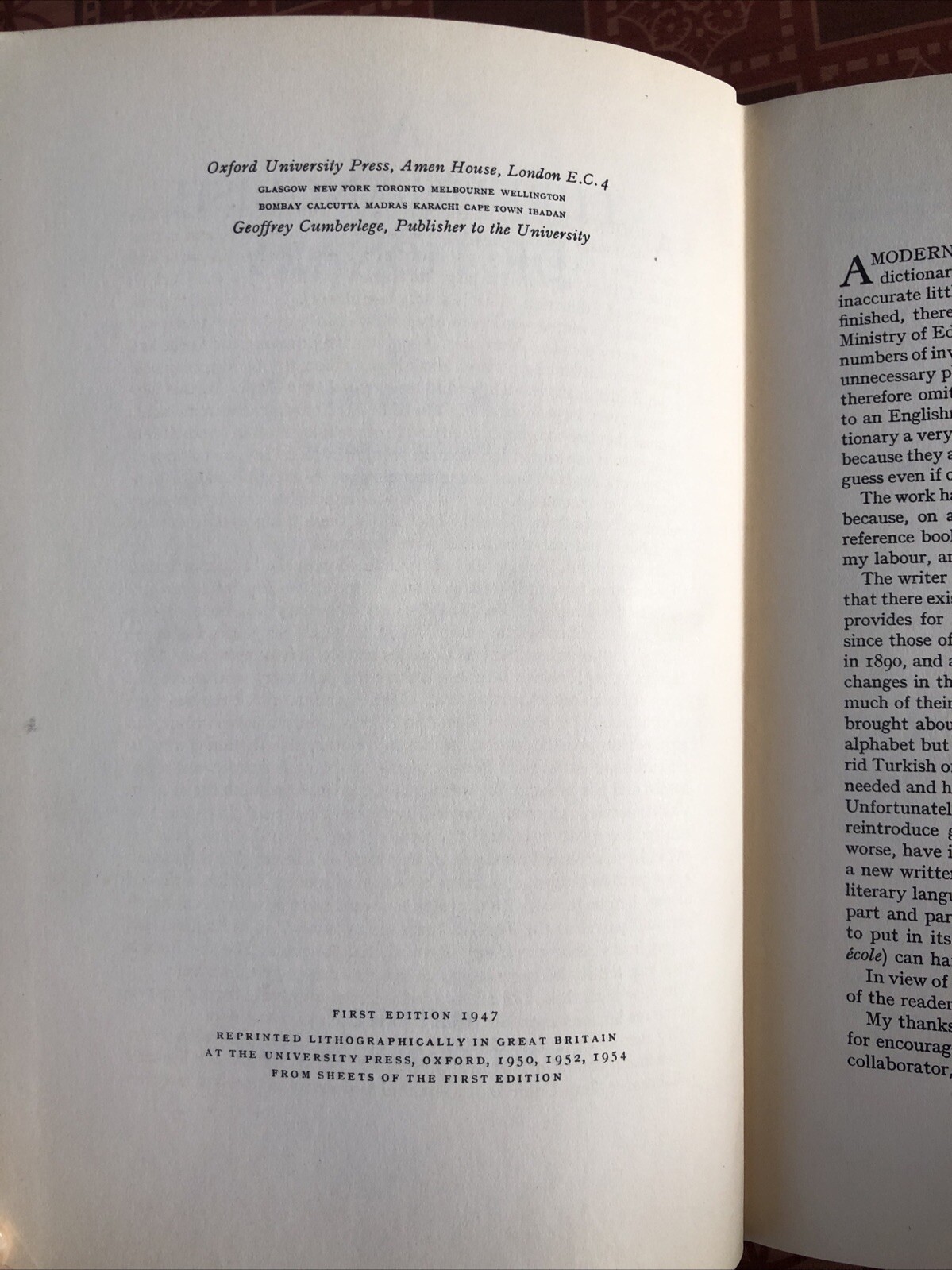 A Turkish- English Dictionary By H. C. Honey Oxford First Edition 1947 hardcover
