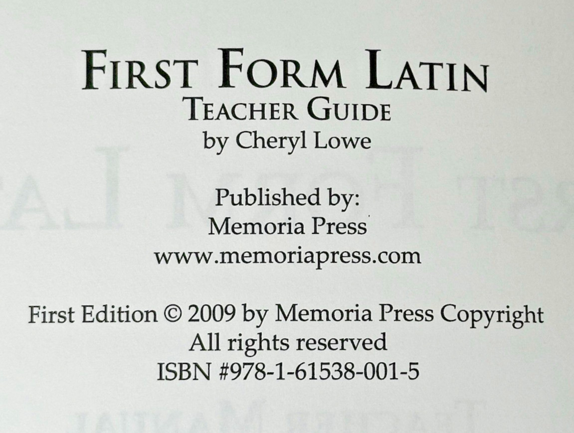 Memoria Press First Form Latin Teacher Manual & Quizzes & Test Set 1st Edition