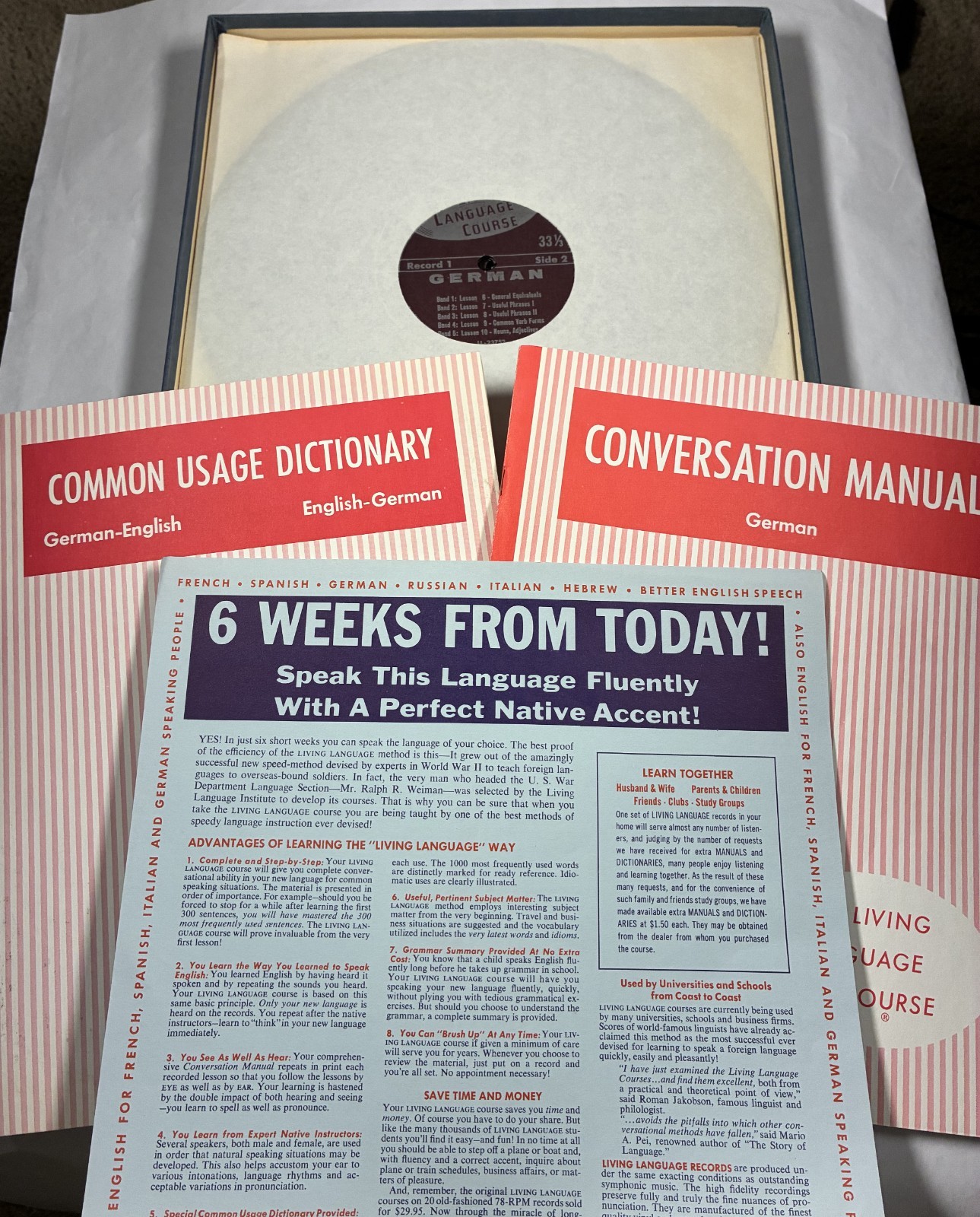 VINTAGE GERMAN LANGUAGE COURSE BOX SET. 4 33-1/3 Vinyl Albums & 2 Books. 1950s.