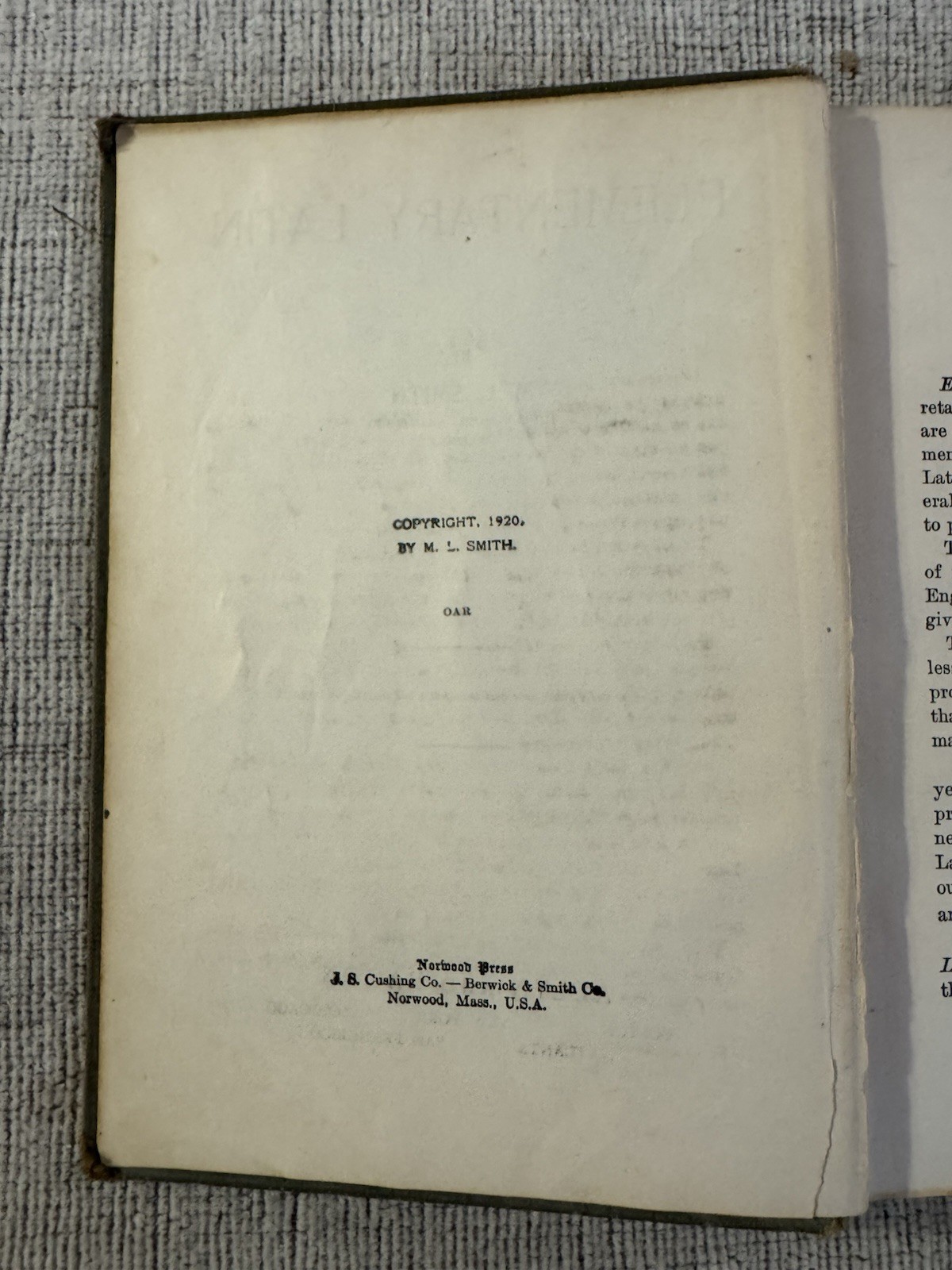 1920 Elementary Latin by M L Smith Hardcover Allyn & Bacon Vintage Textbook