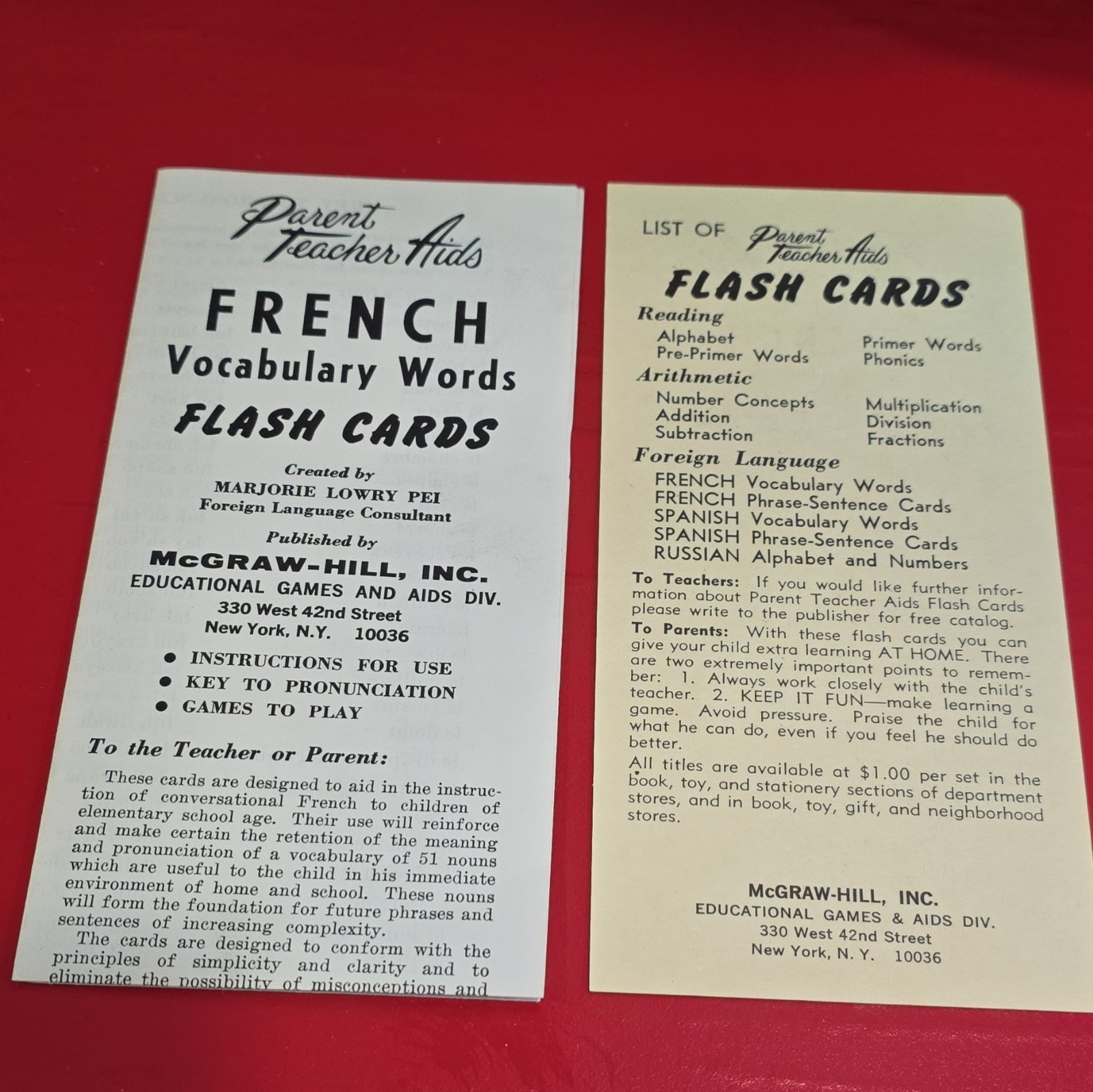 McGraw-Hill French Vocabulary Words Flash Cards Beginner 1959