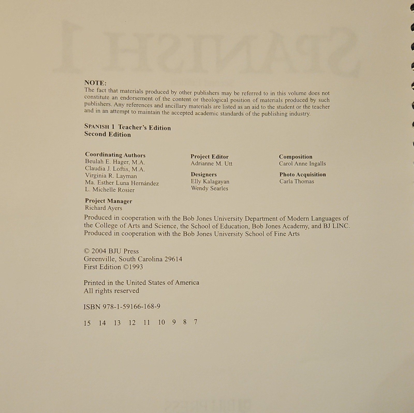 BJU Press Spanish 1 Teacher’s Edition 2nd Ed Spiral Bound 2004 A1 Beginner