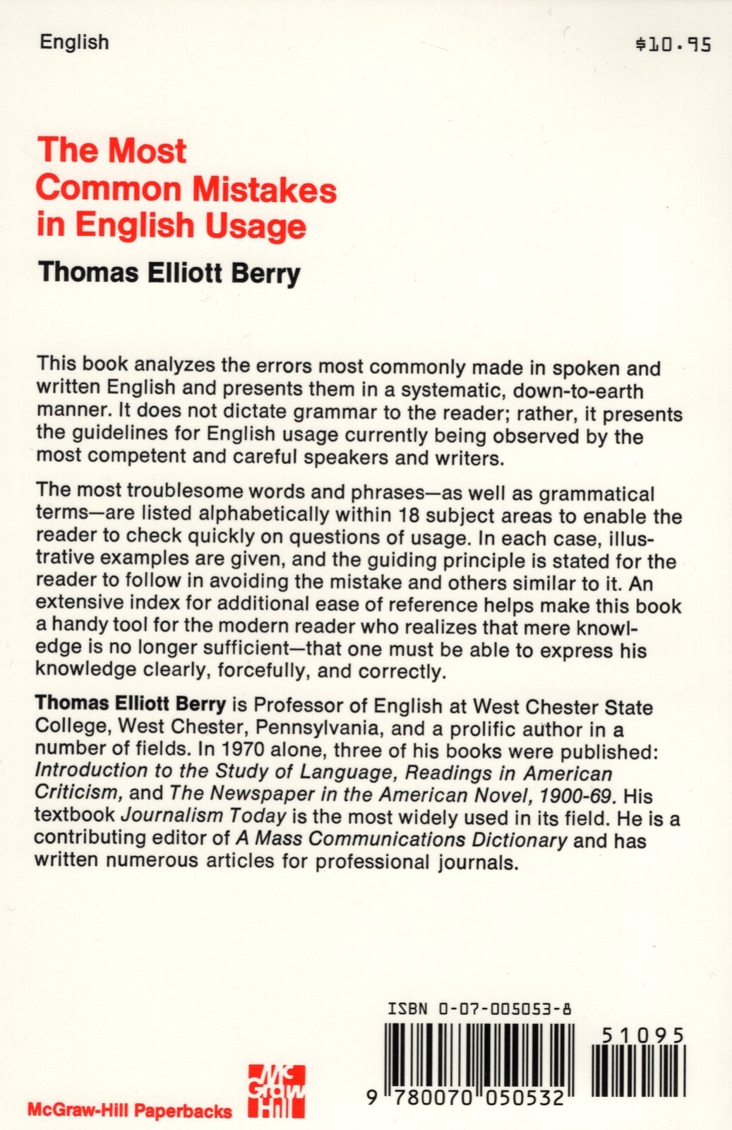 The Most Common Mistakes in English Usage by Thomas E Berry (1971) (BRAND NEW)