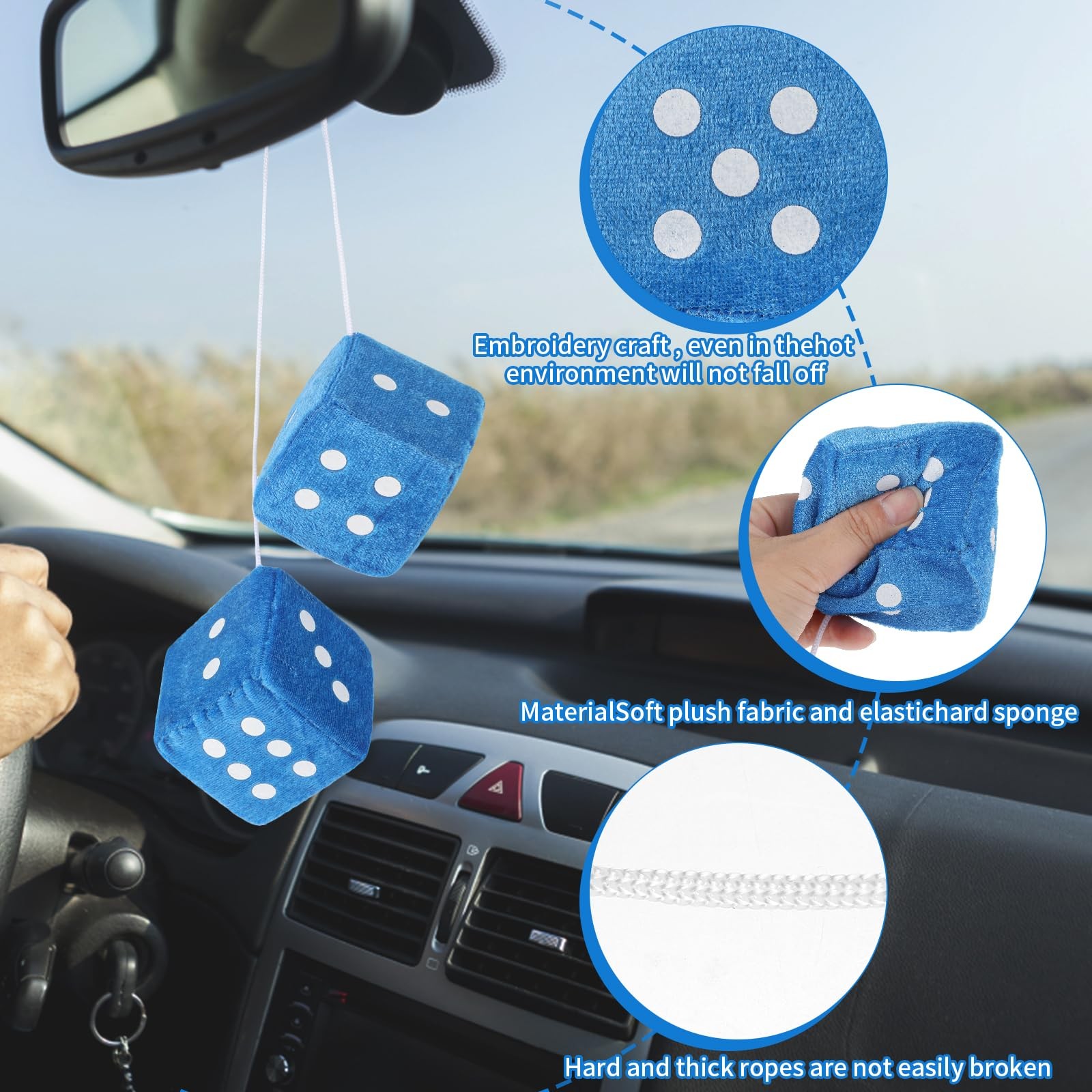 Fuzzy Dice for Rear View Mirror, Blue Fuzzy Dice for Car Mirror, 2.75inch Pai…