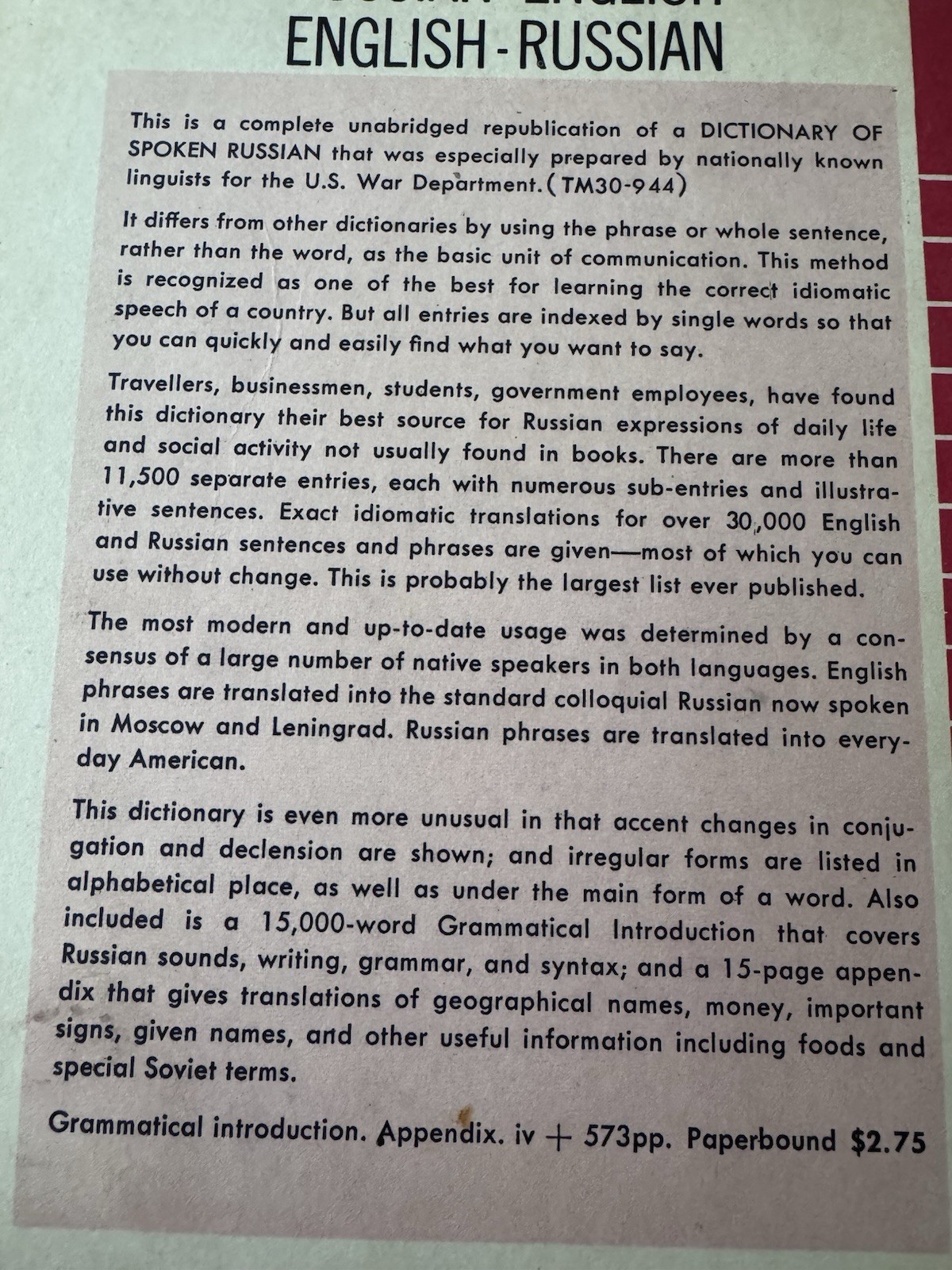 1958 Dictionary of Spoken Russian Unabridged reprint of US War Dept Tech Manual