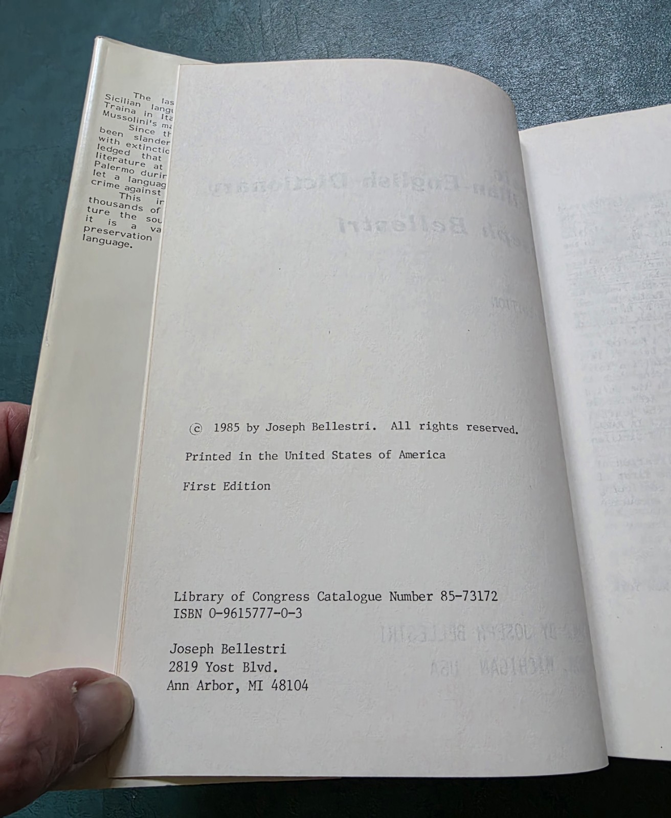 SIGNED Basic Sicilian-English Dictionary First American Edition JOSEPH BELLESTRI