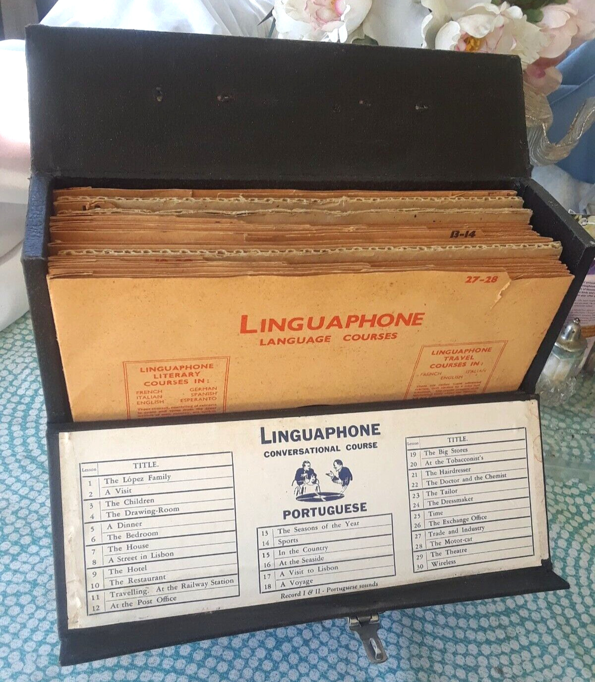 Vintage 50s Linguaphone Course Titles 1-28☆Complete 16 Record Set☆Orig Case☆XLT