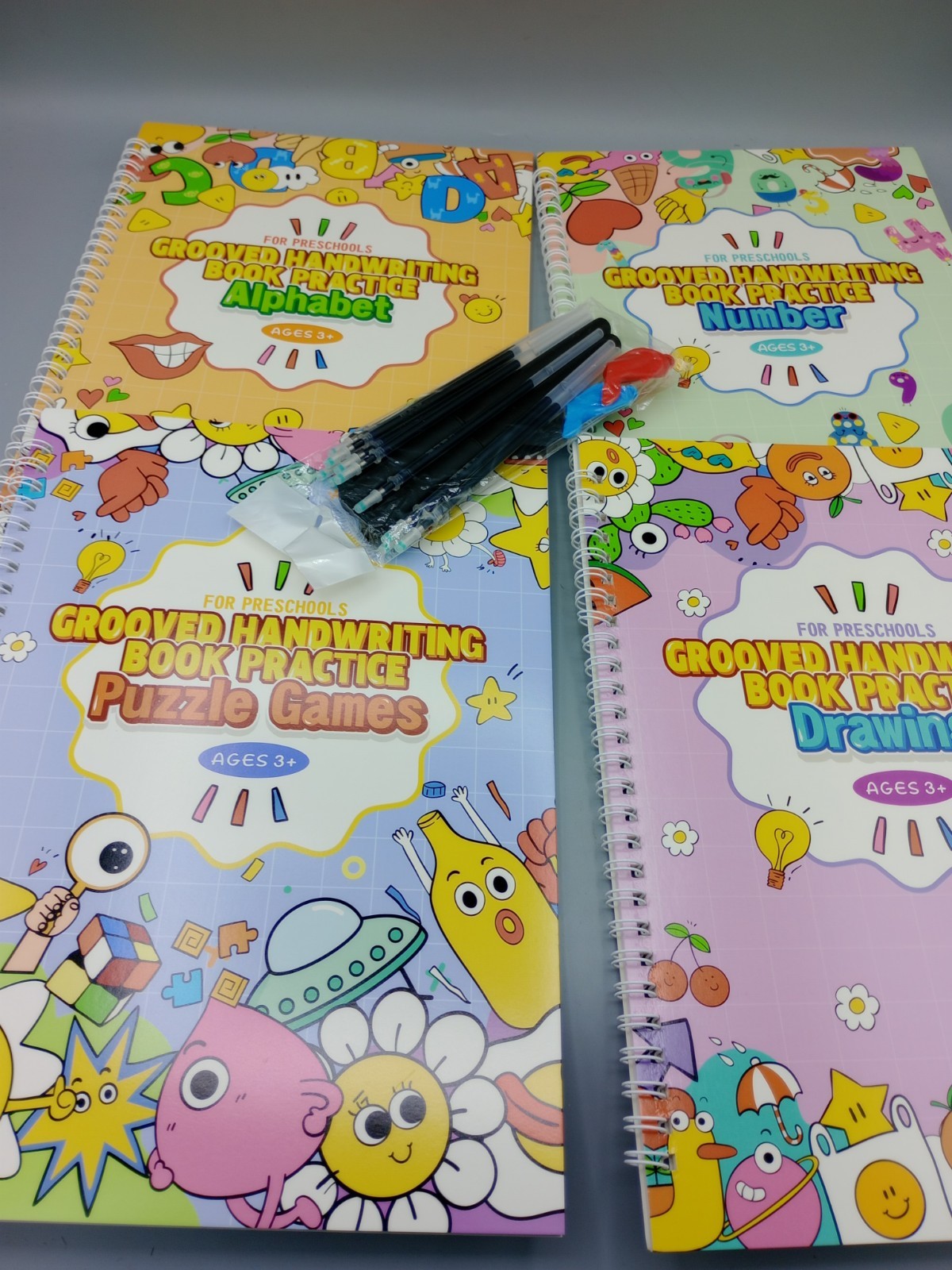Magic Practice Grooved Writing Practice Copybooks for Preschool – 4 Books w Pens