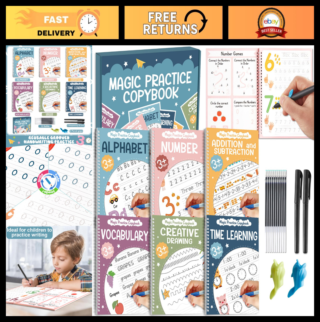 Magic Grooved Writing Practice Copybook Set – 6 Reusable Tracing Books with Ink