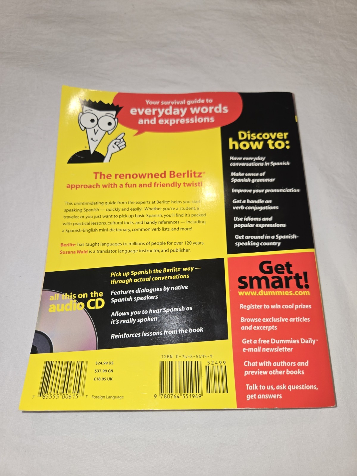 Spanish For Dummies Instructional Paperback Book + Audio CD (Susana Wald 2000)