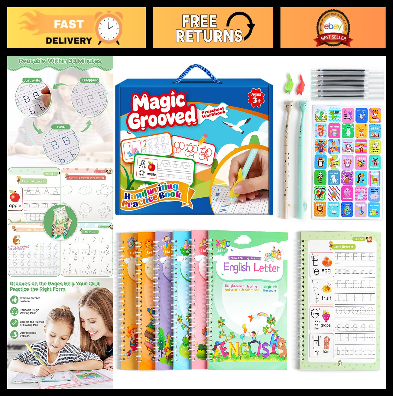 Reusable Handwriting Practice Workbook with Magic Pen – Kids Learning Copybook