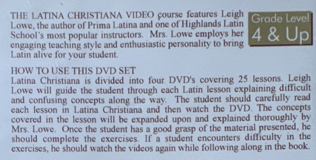 Latina Christiana Book II 4 DVD Set Introduction To Latin Instructional Language