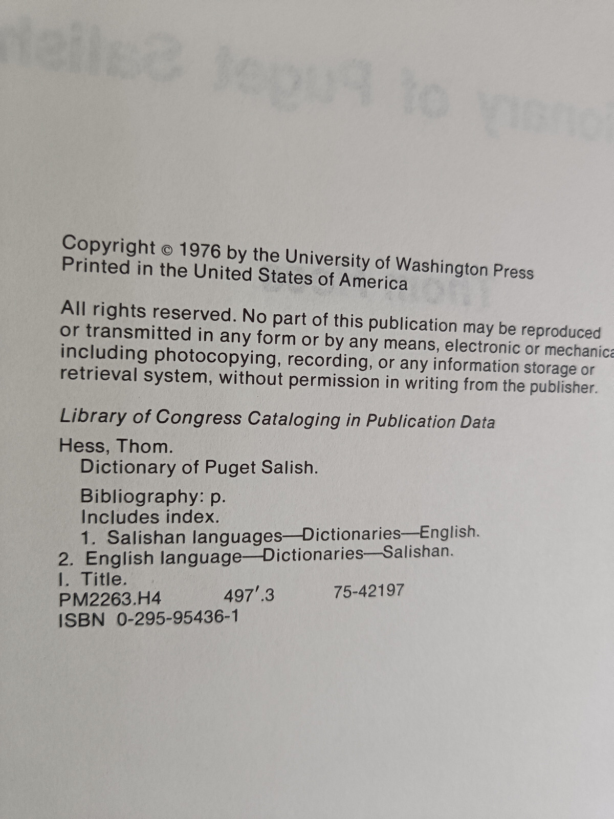 Dictionary of Puget Salish_Thom Hess_Hardcover_1st Edition_1976_Very Good