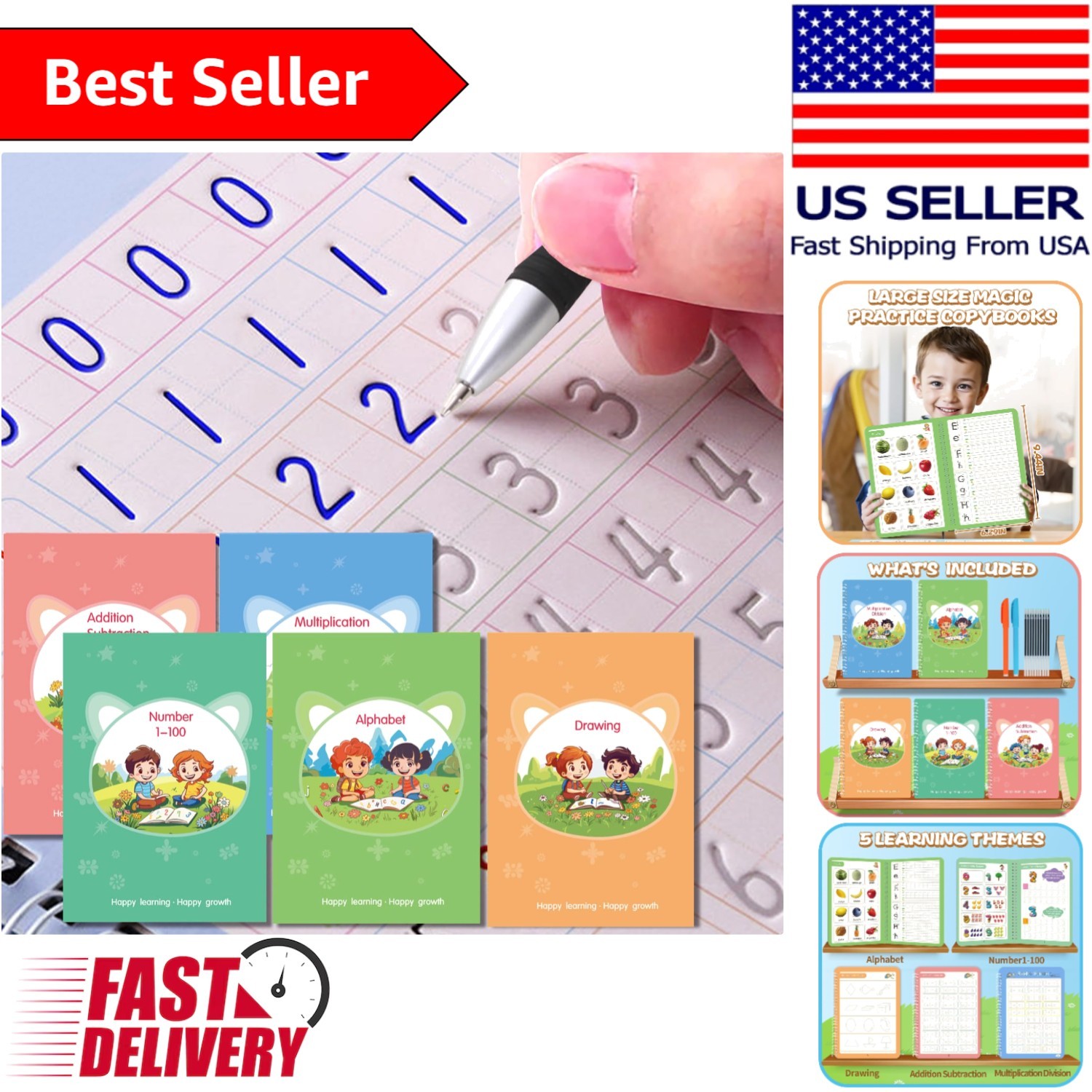 Ultimate 5-Book Calligraphy Copybook Set for Kids, Safe Silicone Pen Included