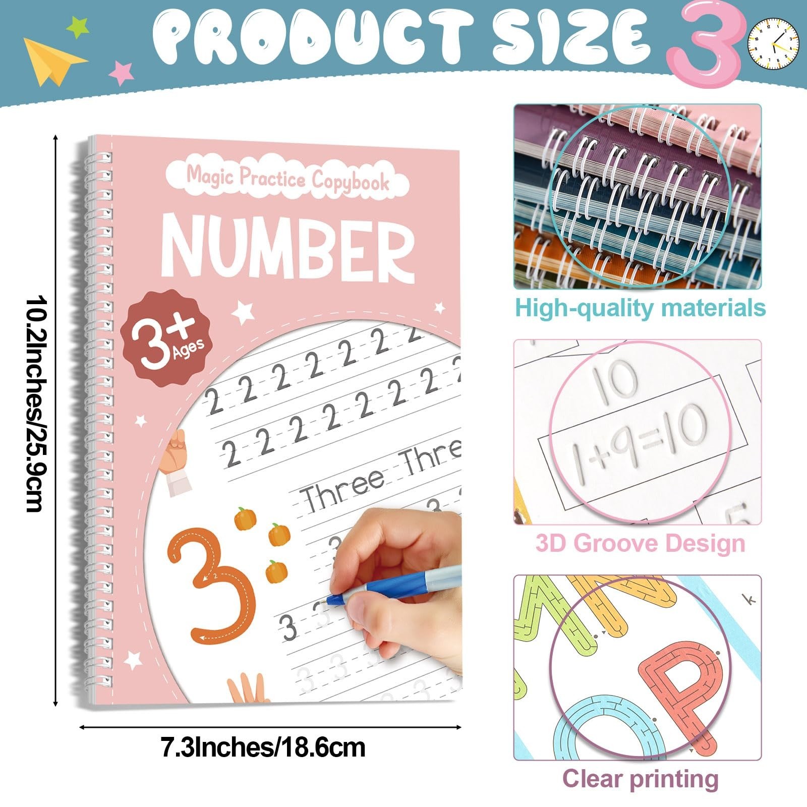 Magic Grooved Writing Practice Copybook Set – 6 Reusable Tracing Books with Ink