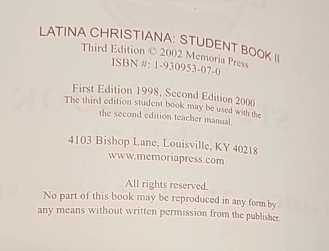 LATINA CHRISTIANA: An Intro to Christian Latin Student Book II by Cheryl Lowe PB