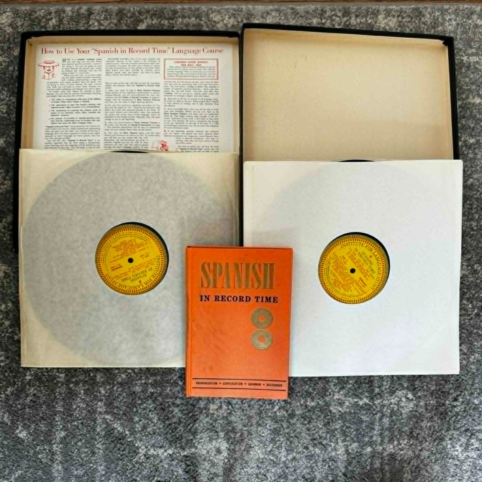 Vintage 1958 Spanish In Record Time Complete Course 2 LP Vinyl Records Book Box
