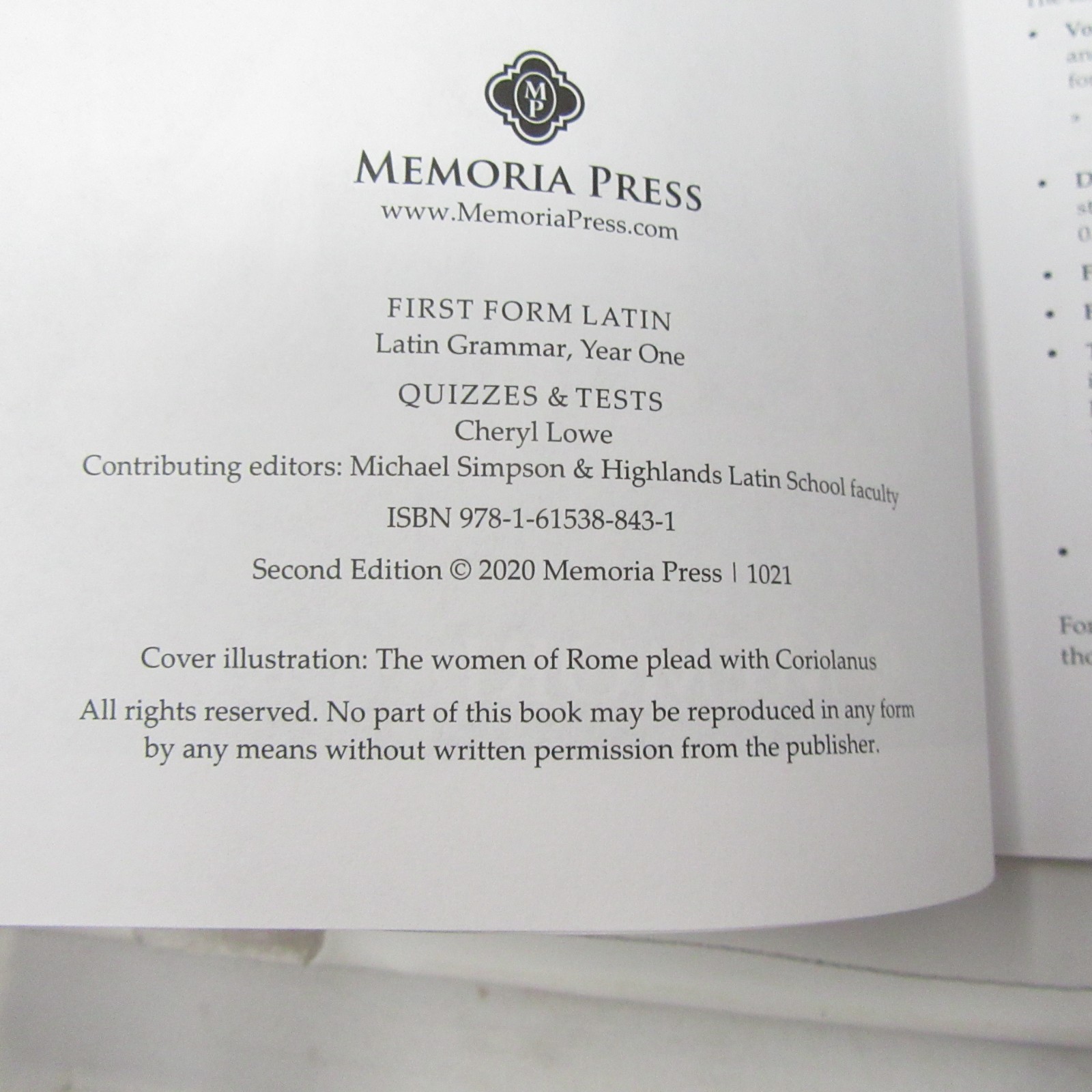Memoria Press First Form Latin Second Edition Student Workbook Tests Teacher Key