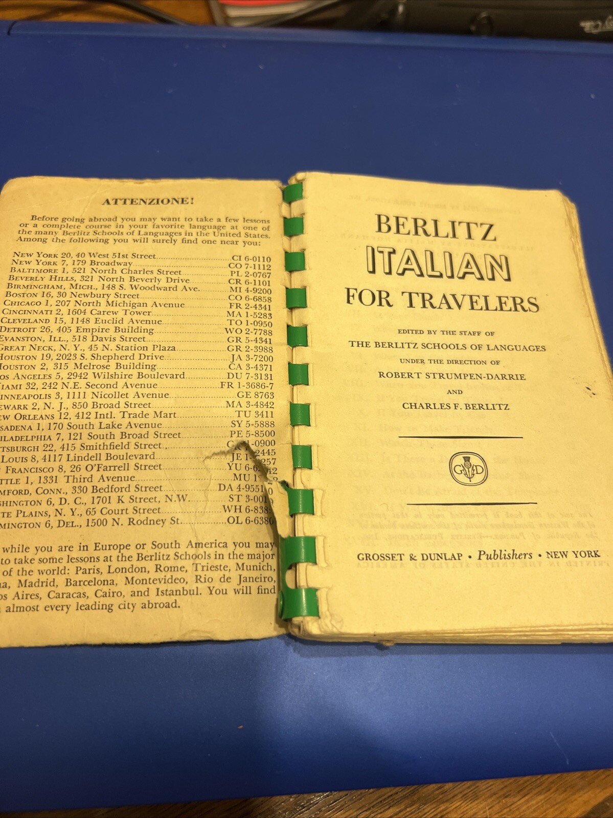 Vintage 1954 Berlitz ITALIAN For Travelers Language Book Spiral Phrases Words