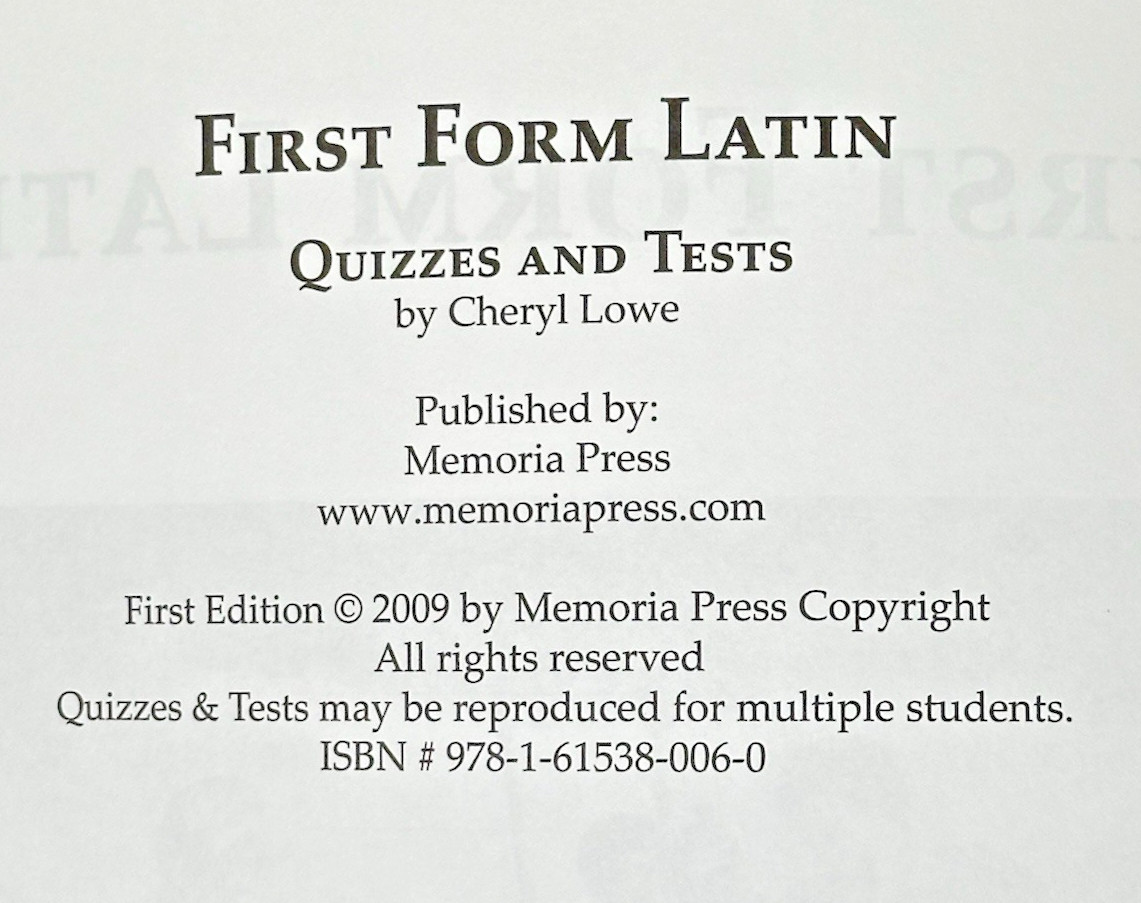 Memoria Press First Form Latin Teacher Manual & Quizzes & Test Set 1st Edition