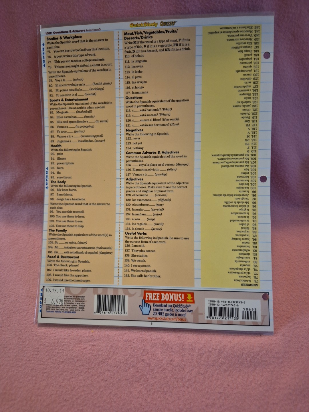 Spanish Vocabulary Quizzer by Liliane Arnet (2011, Book, Other)