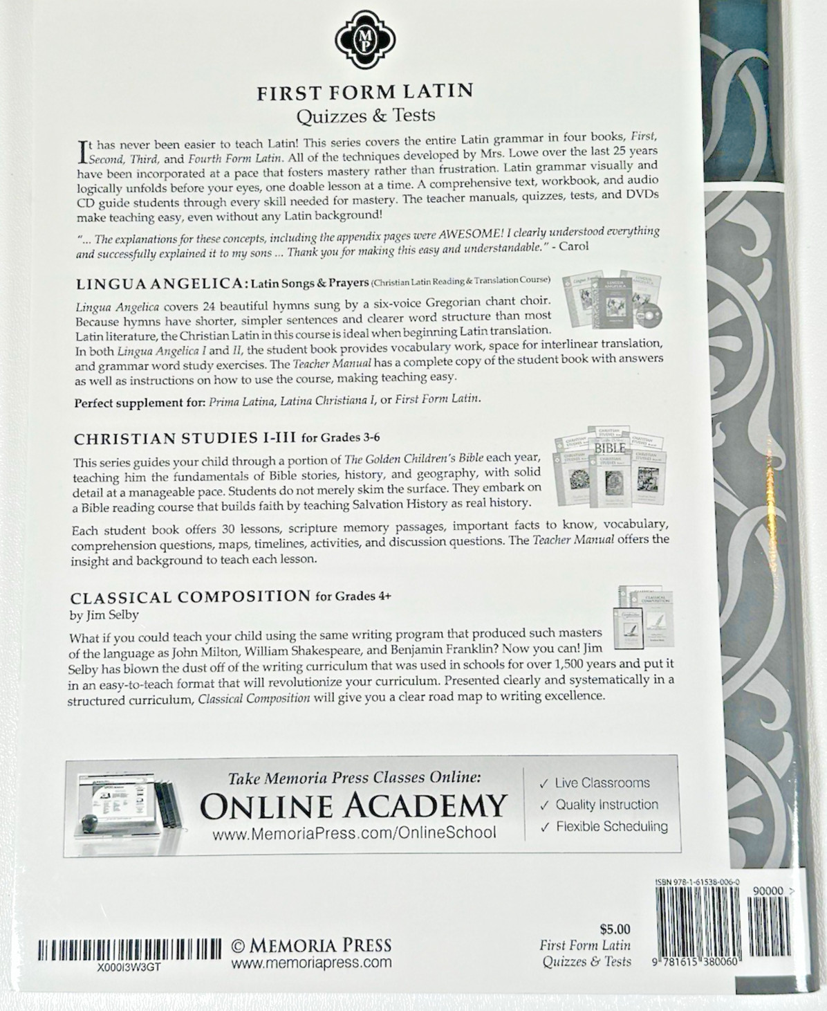 Memoria Press First Form Latin Teacher Manual & Quizzes & Test Set 1st Edition