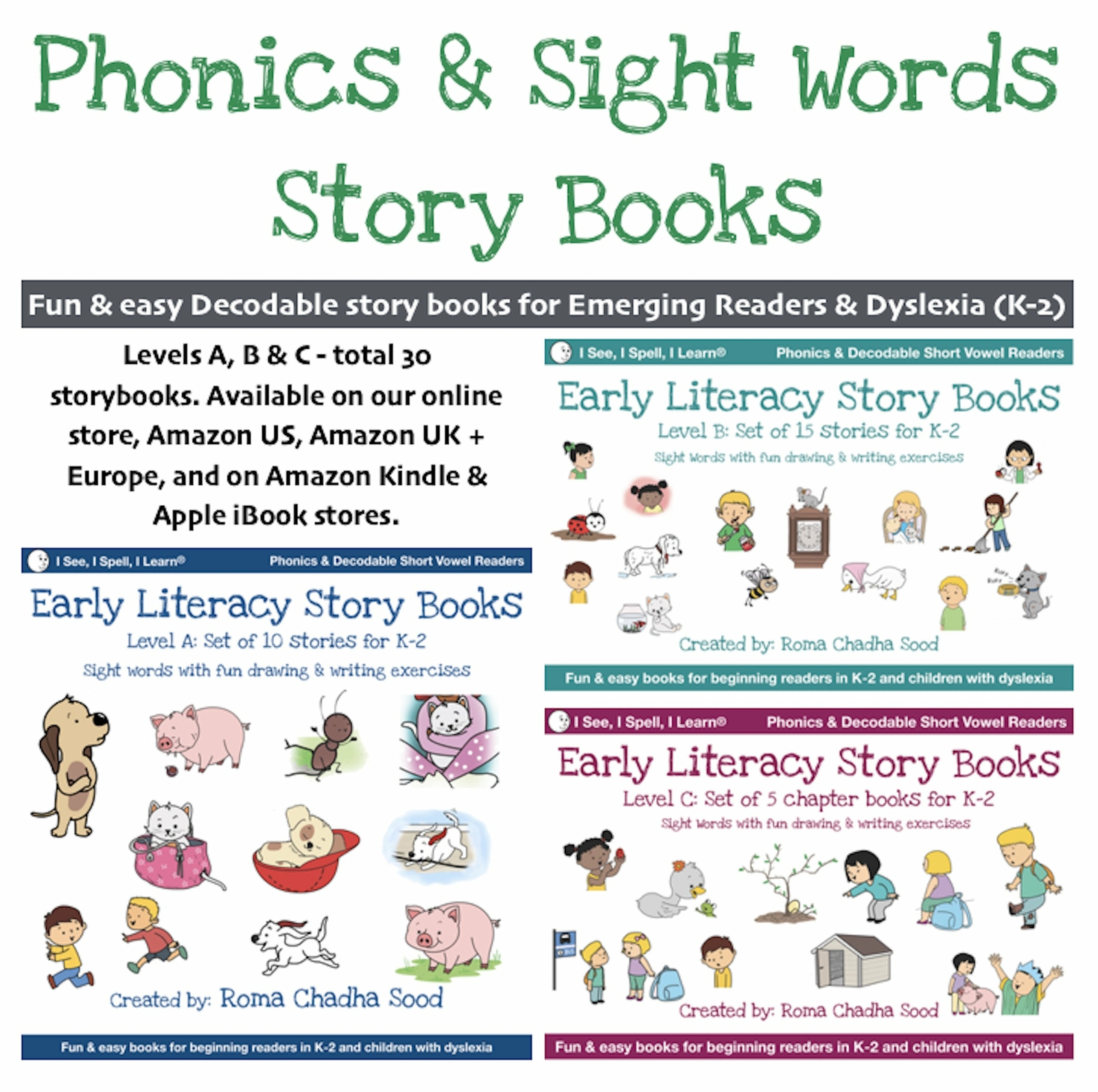 Phonics, Sight Words, Short Vowel, Decodable Storybooks – Levels A, B & C
