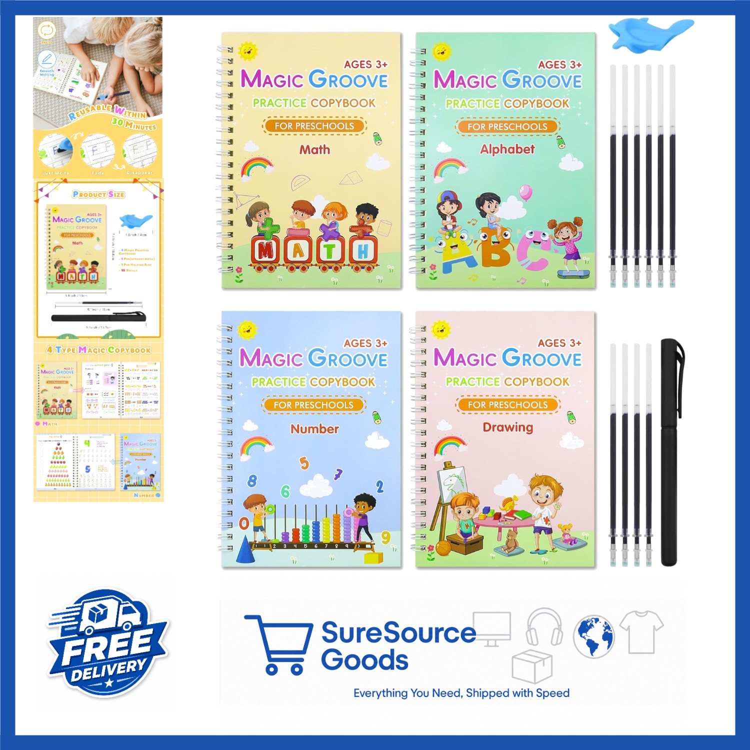 Reusable Handwriting Practice Book Set for Kids Age 3-8, 4 Books with Pens
