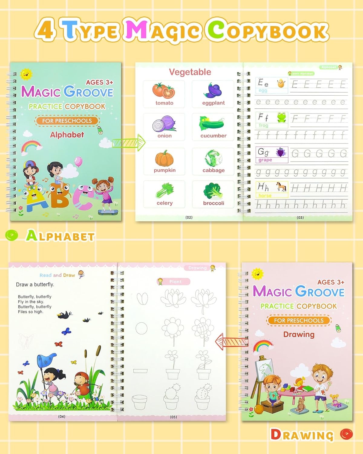 4x Magic Practice Copybook Set Reusable Handwriting Book Kids Math Alphabet Pen