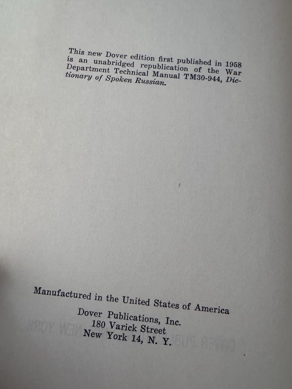 1958 Dictionary of Spoken Russian Unabridged reprint of US War Dept Tech Manual