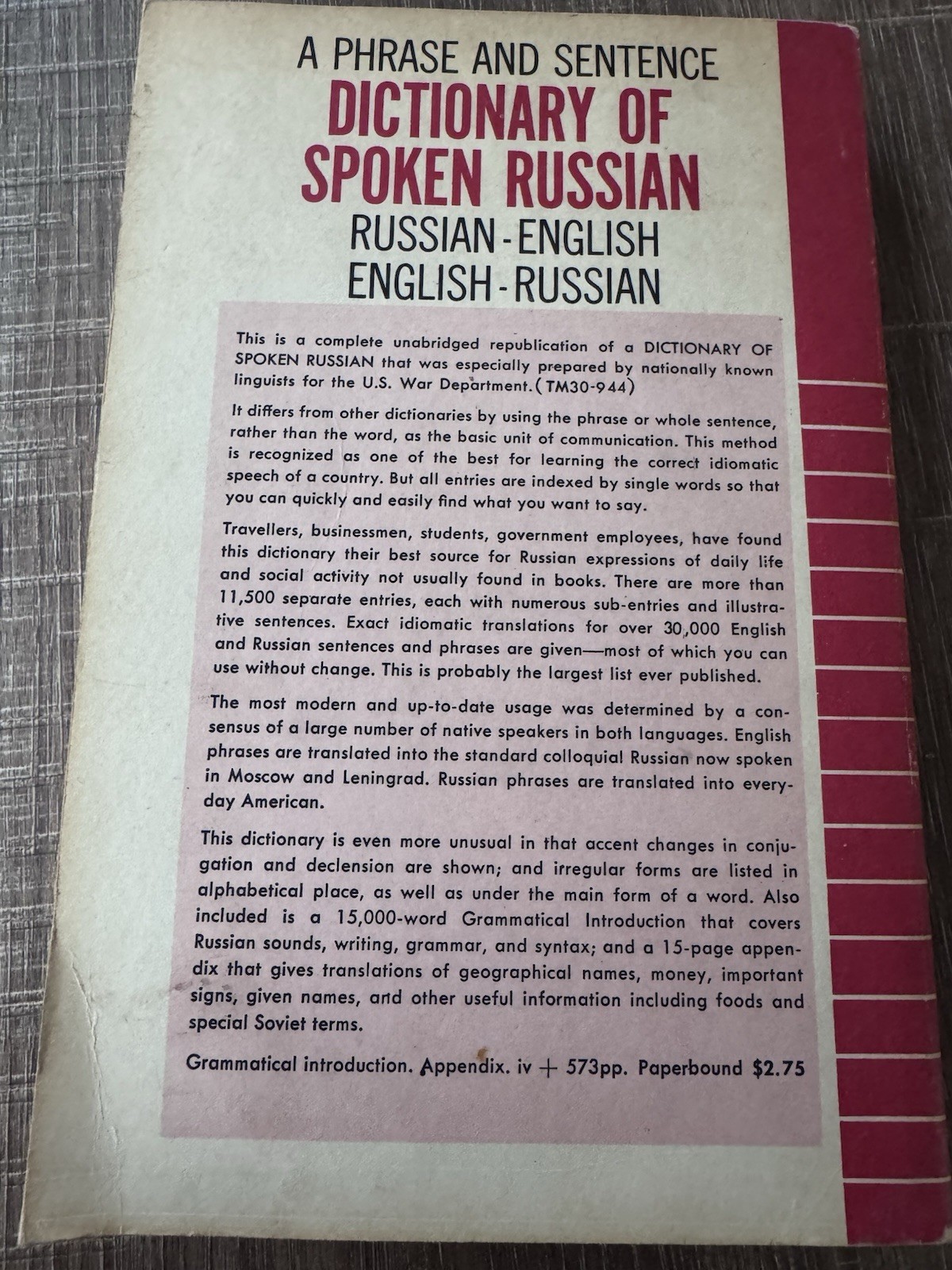 1958 Dictionary of Spoken Russian Unabridged reprint of US War Dept Tech Manual