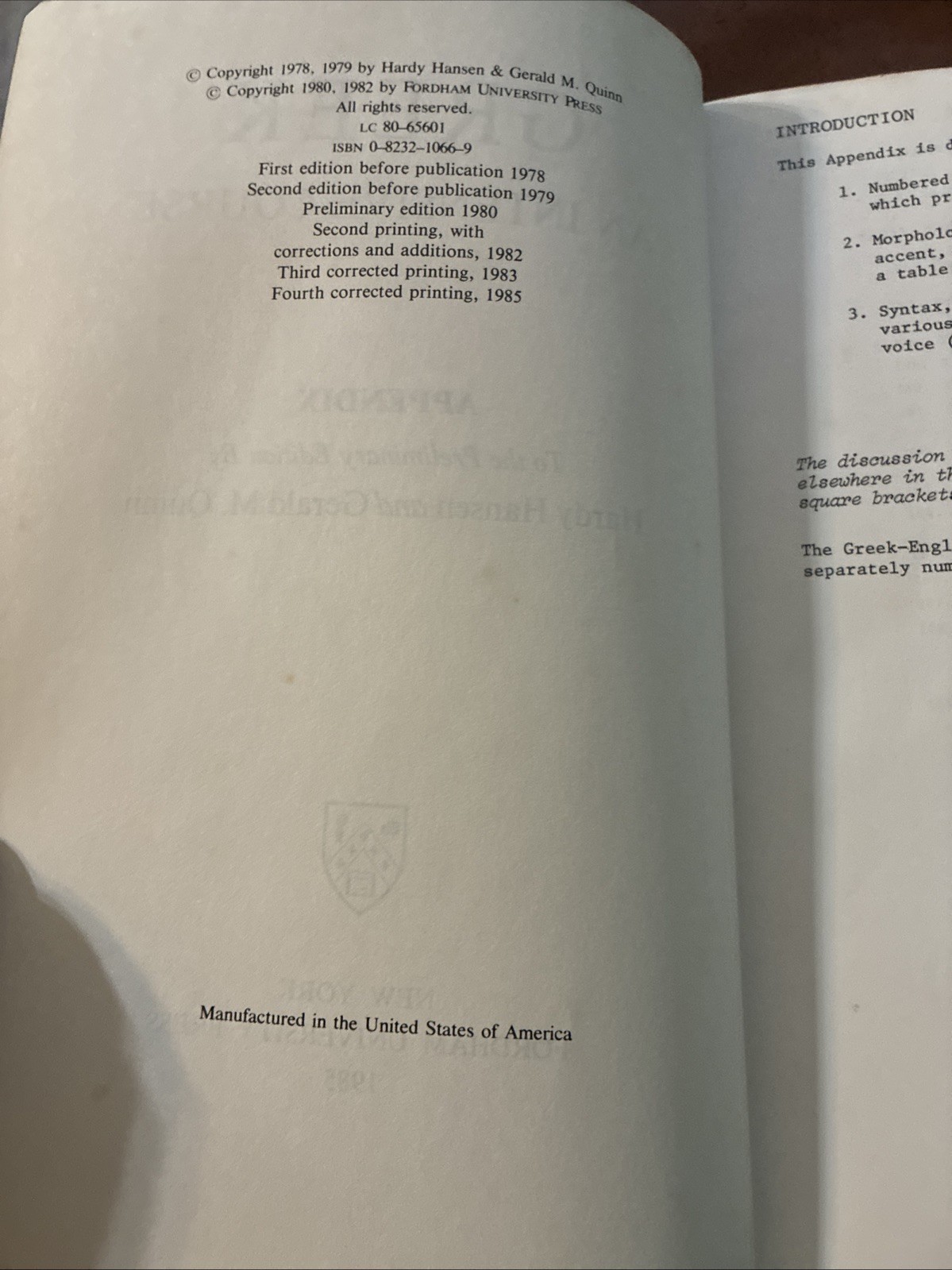 Greek: An Intensive Course, 4th Printing 1985, Hansen, Hardy,Quinn, Gerald M.,