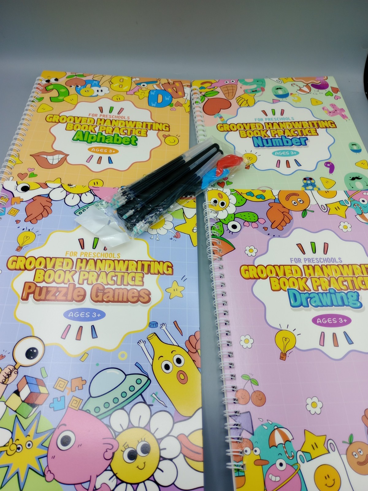 Magic Practice Grooved Writing Practice Copybooks for Preschool – 4 Books w Pens