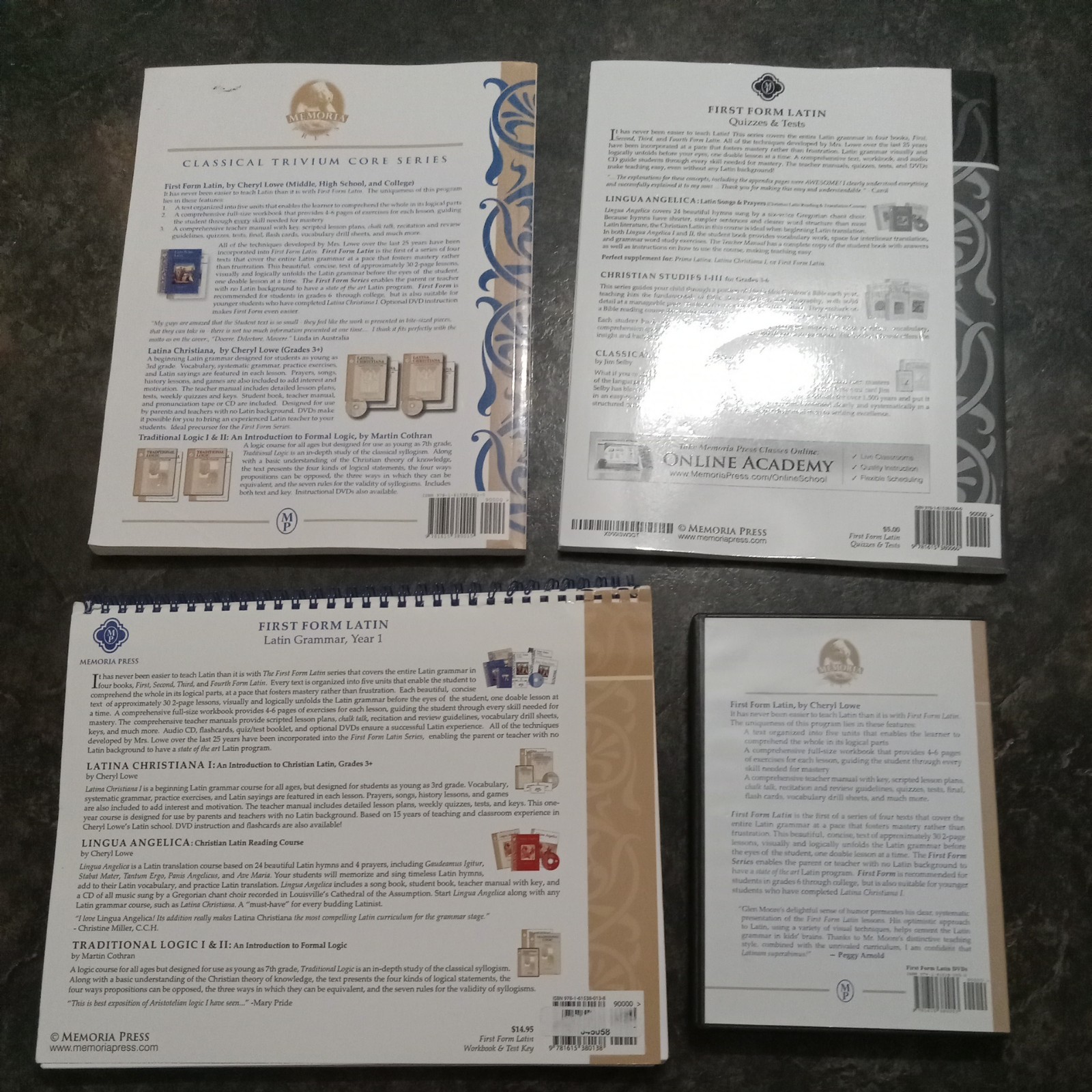 Memoria Press First Form Latin Set,TM, Wb & Test Key, Quizzes&Tests, DVDs
