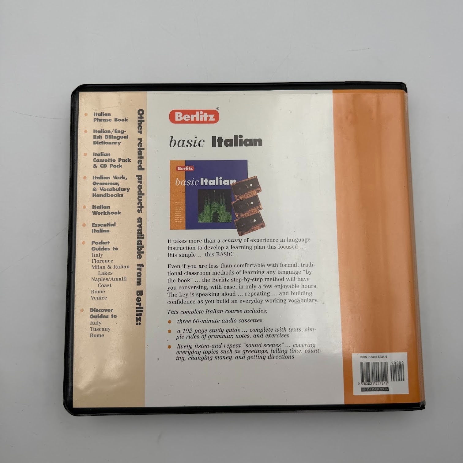Berlitz Basic Italian 3 Audio Cassettes and Study Guide in Clamshell Case 1996