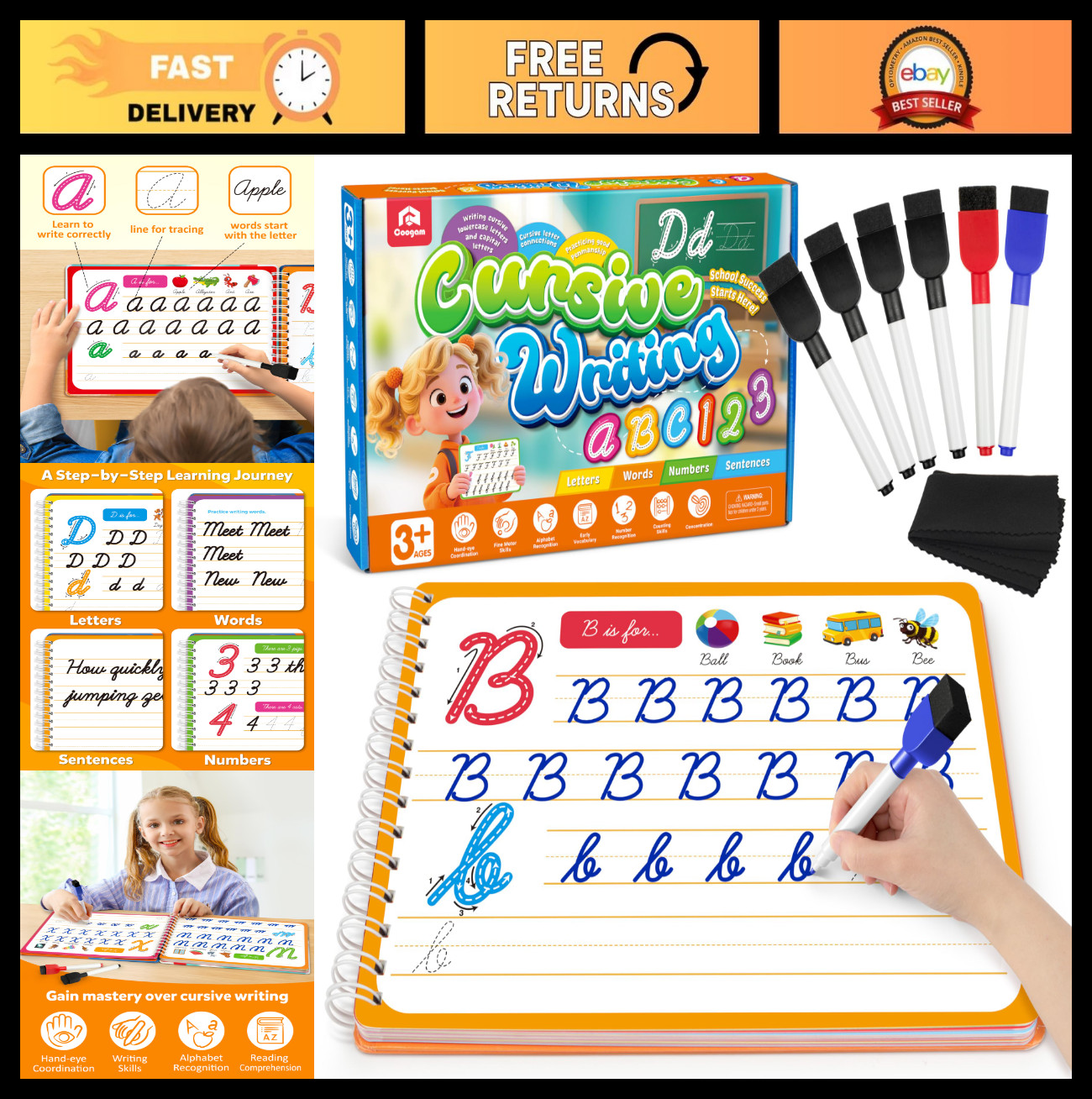 Magic Practice Copybook for Kids 3-12, Dry-Erase Cursive Writing Aid, Alphabet &