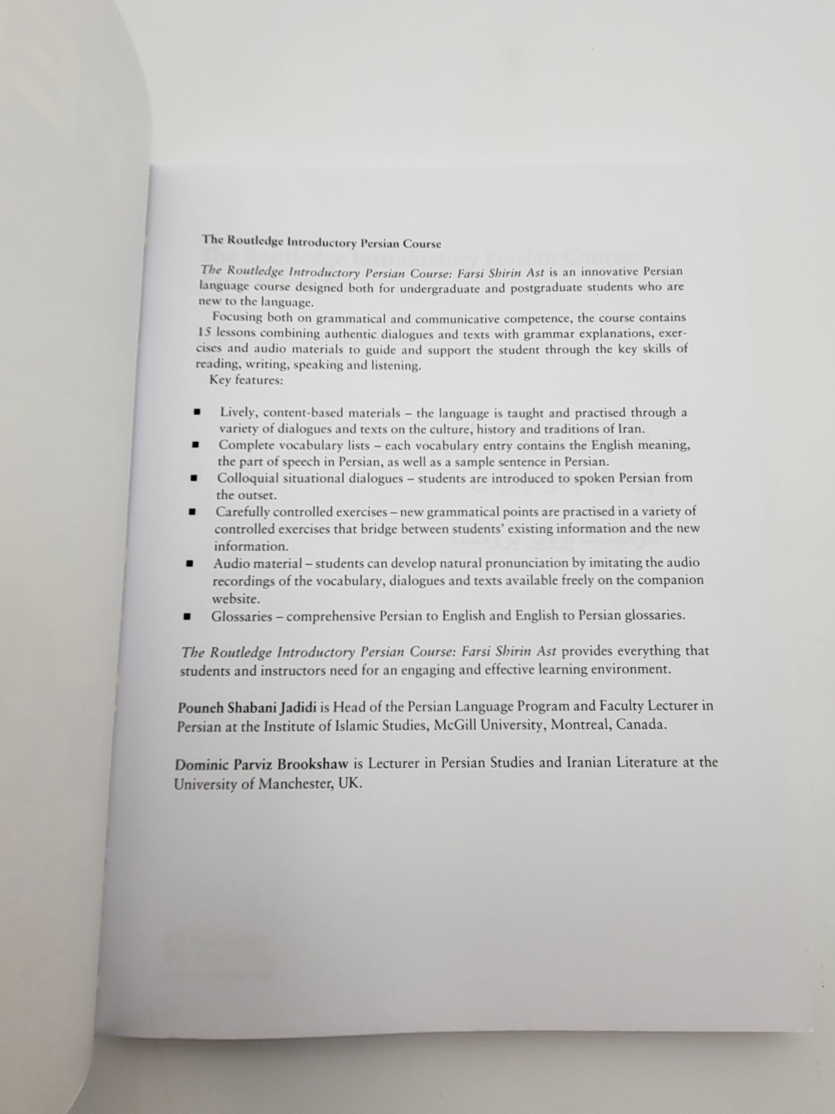 THE ROUTLEDGE INTRODUCTORY PERSIAN COURSE: FARSI SHIRIN AST, 1st edition 2010