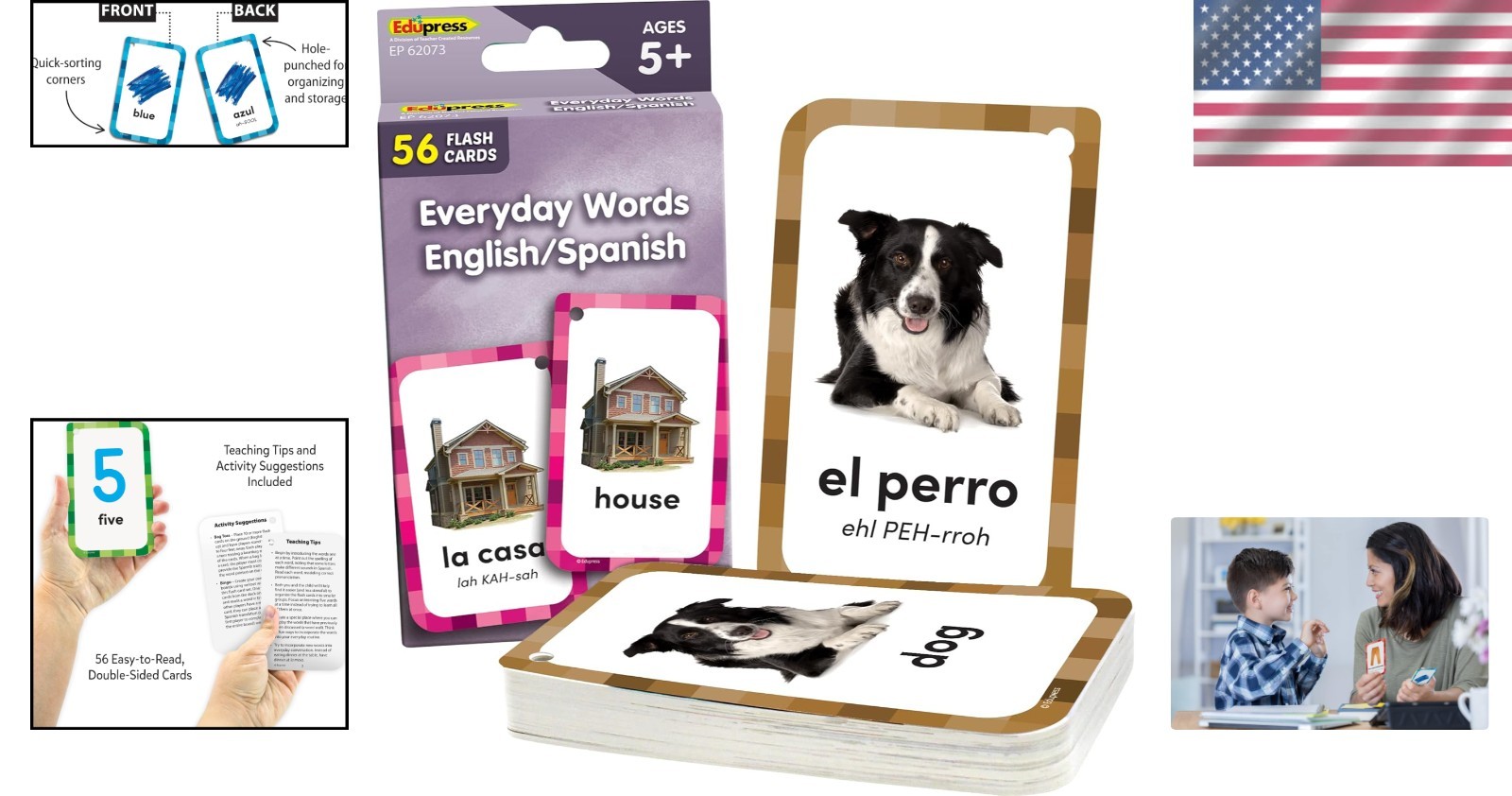 Language Skills Enhancement: 56 Double-Sided Flash Cards for Spanish & English
