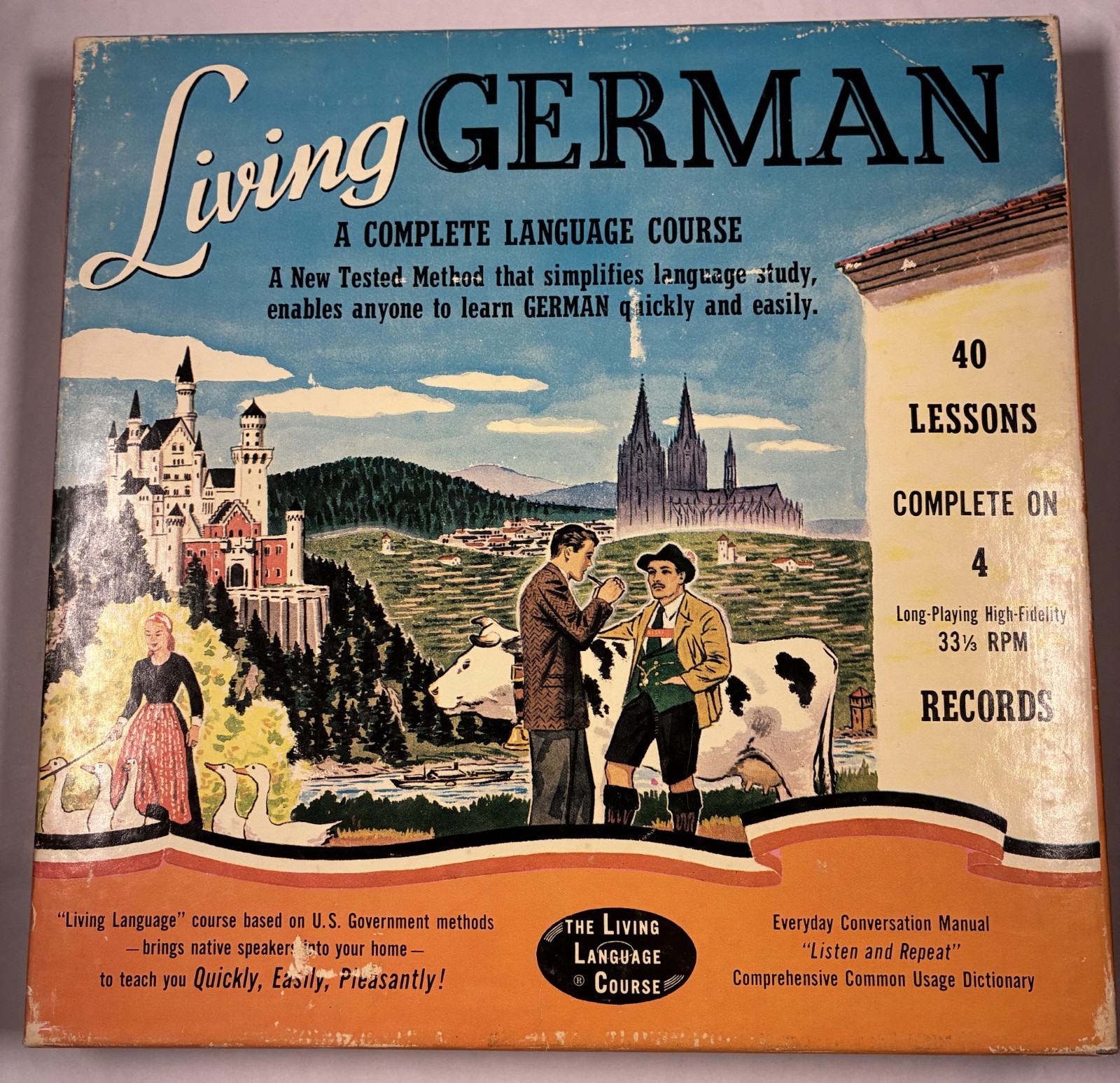 VINTAGE GERMAN LANGUAGE COURSE BOX SET. 4 33-1/3 Vinyl Albums & 2 Books. 1950s.