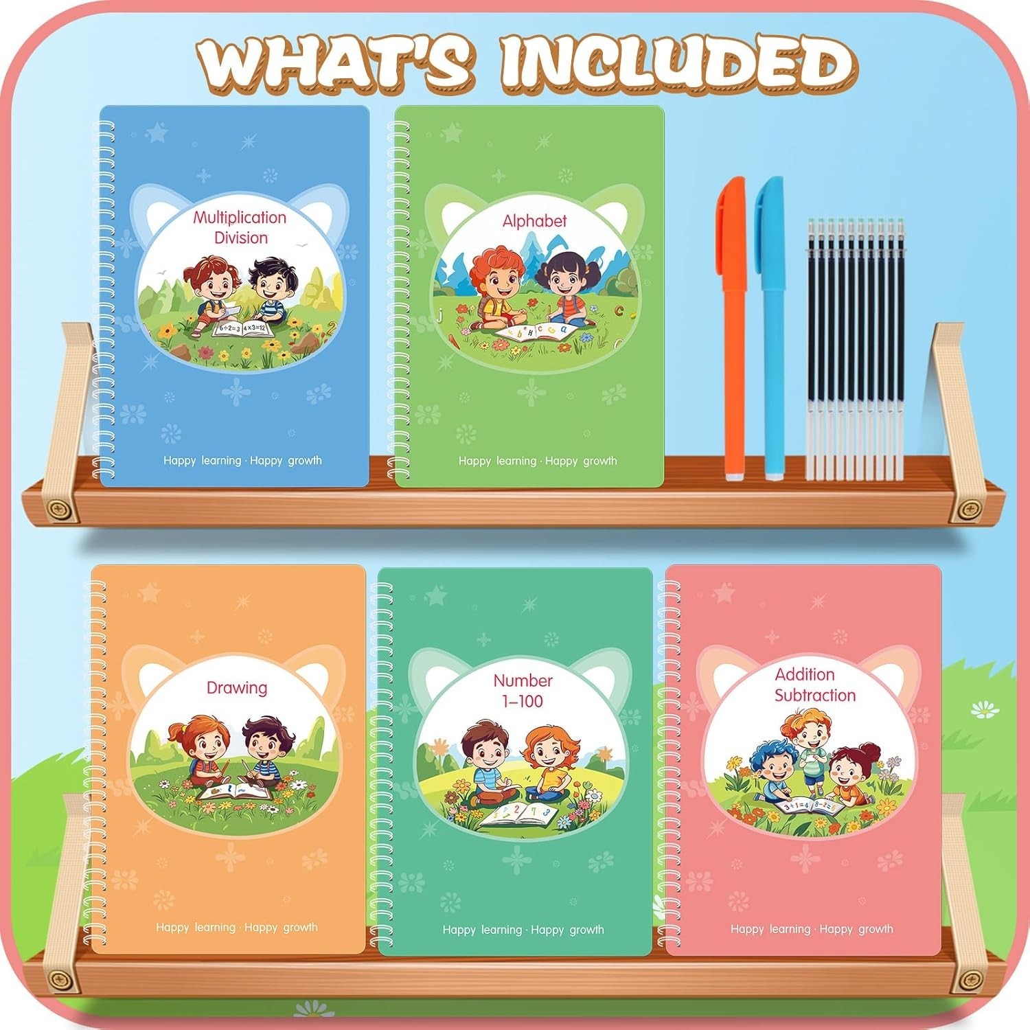 Ultimate 5-Book Calligraphy Copybook Set for Kids, Safe Silicone Pen Included