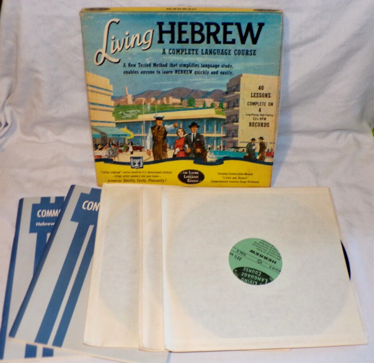 VTG 1958 Living Language Course Hebrew English Vinyl 33 1/3 Records Books