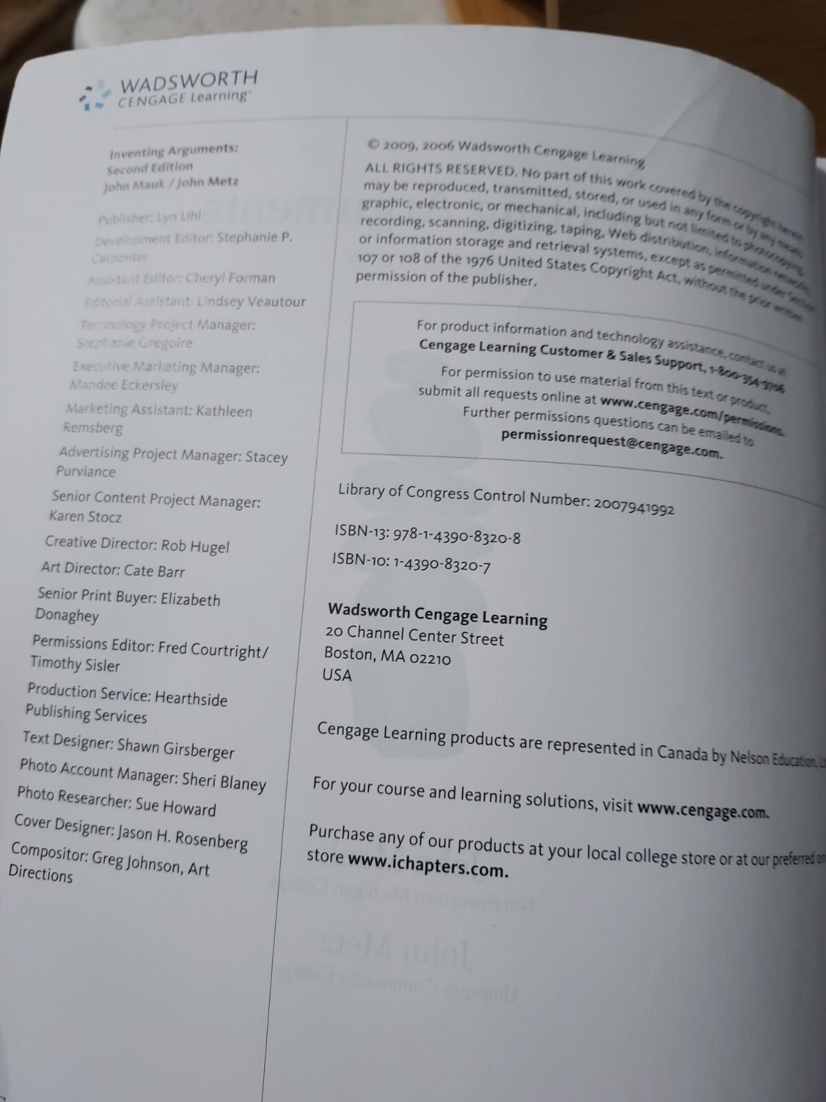 Inventing Arguments 2nd ed. 2009 MLA Update Metz & Mauk (2009, TPK) HA6