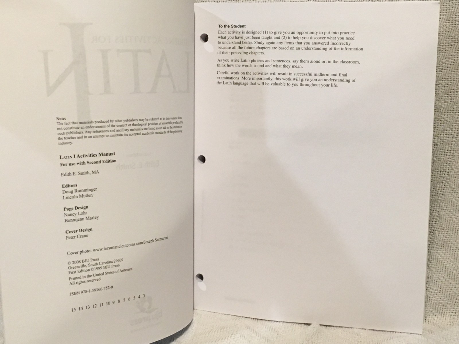 BJU Press Latin I Activities Manual for use with 2nd Edition 2008 Paperback Work