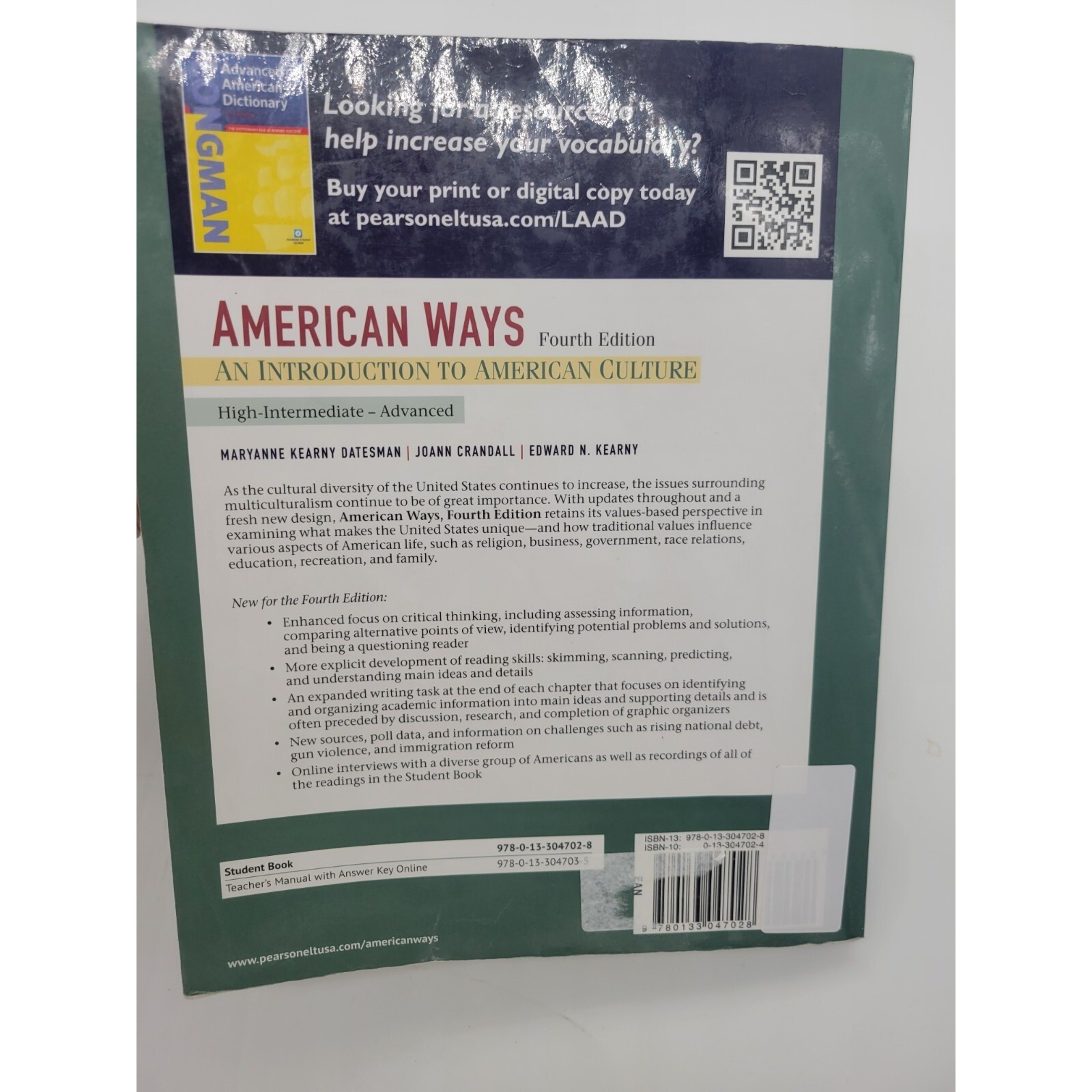 Pearson American Ways Introduction to American Culture Textbook 4th Ed Paperback