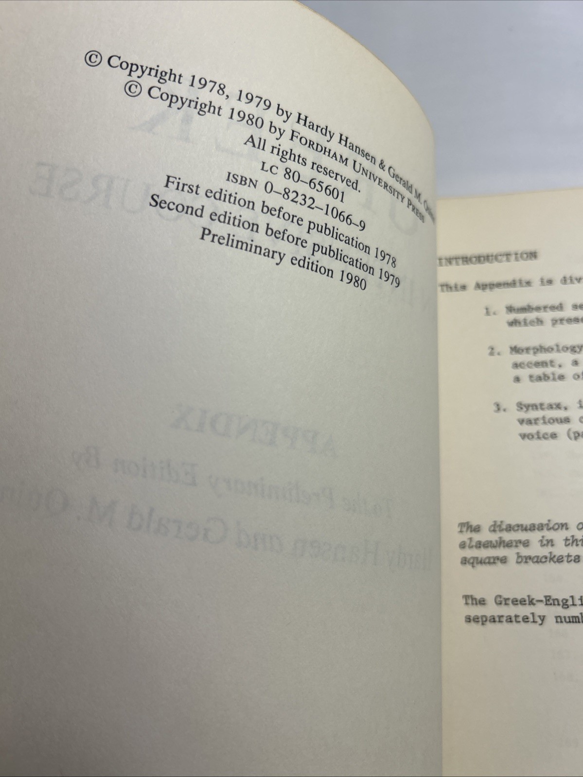 Greek An Intensive Course Appendix Hansen/Quinn, Preliminary Edition Fordham