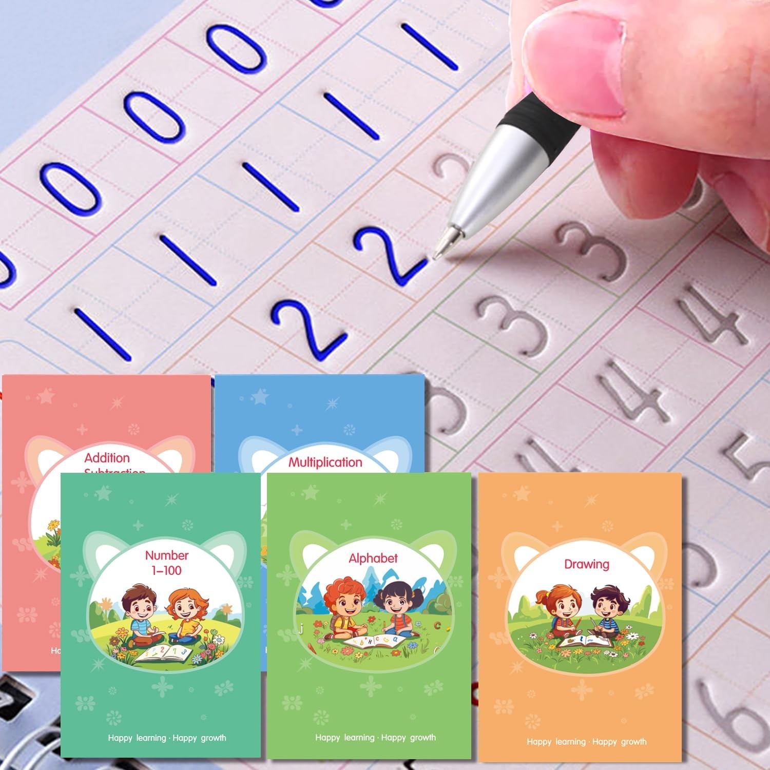 Ultimate 5-Book Calligraphy Copybook Set for Kids, Safe Silicone Pen Included