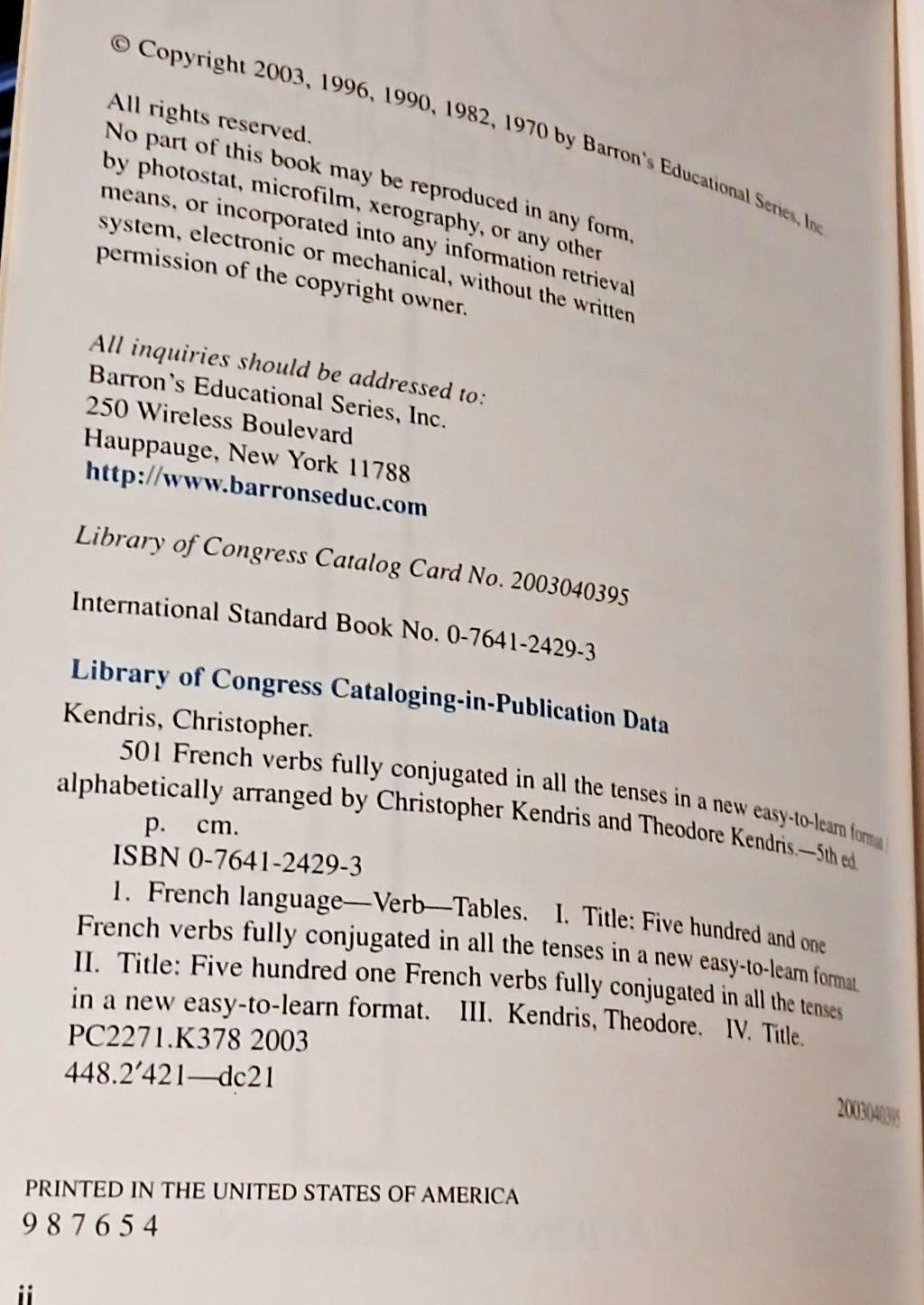 501 FRENCH VERBS Fully Conjugated 5th Ed. BARRON’S,2003 By Christopher Kendris