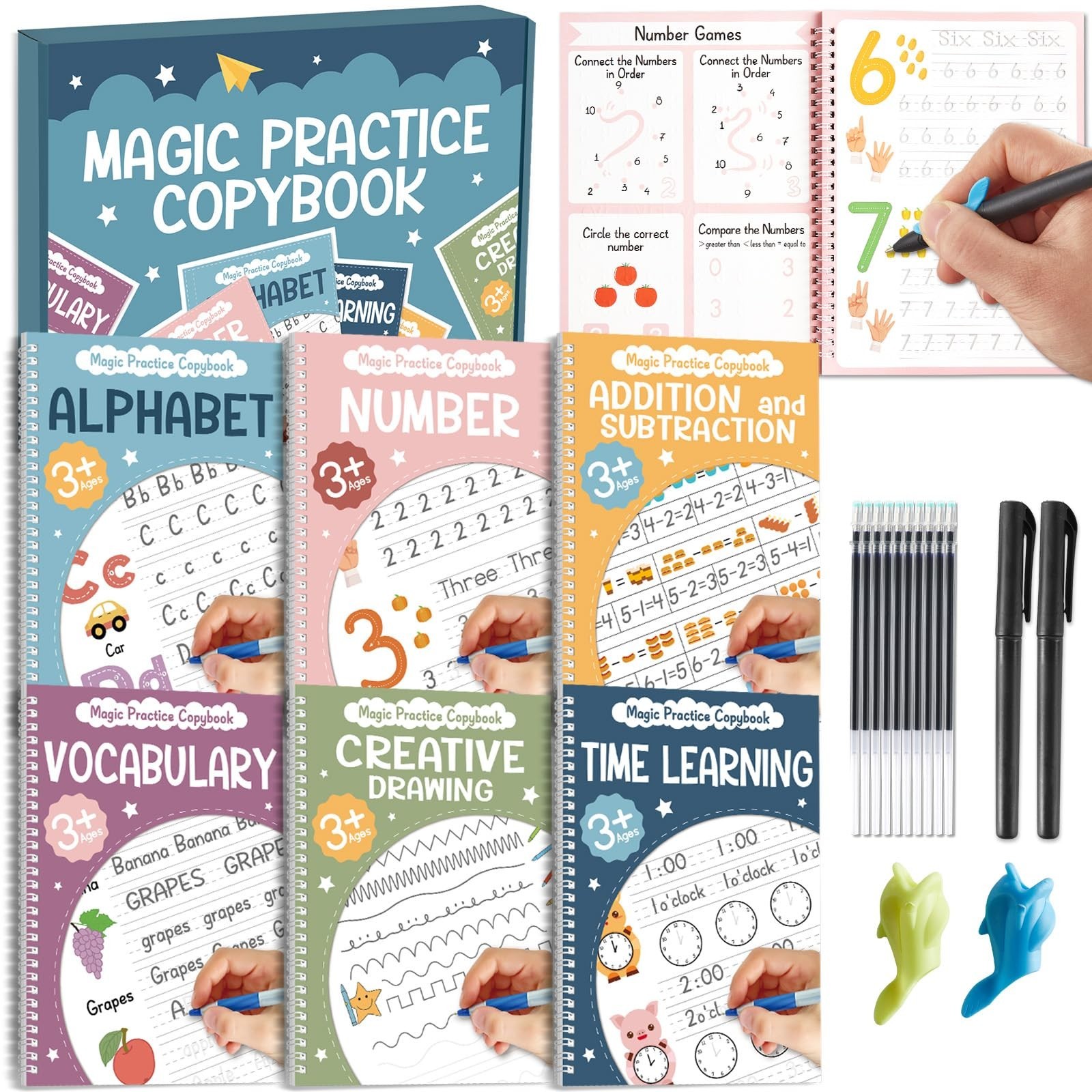 Magic Grooved Writing Practice Copybook Set – 6 Reusable Tracing Books with Ink
