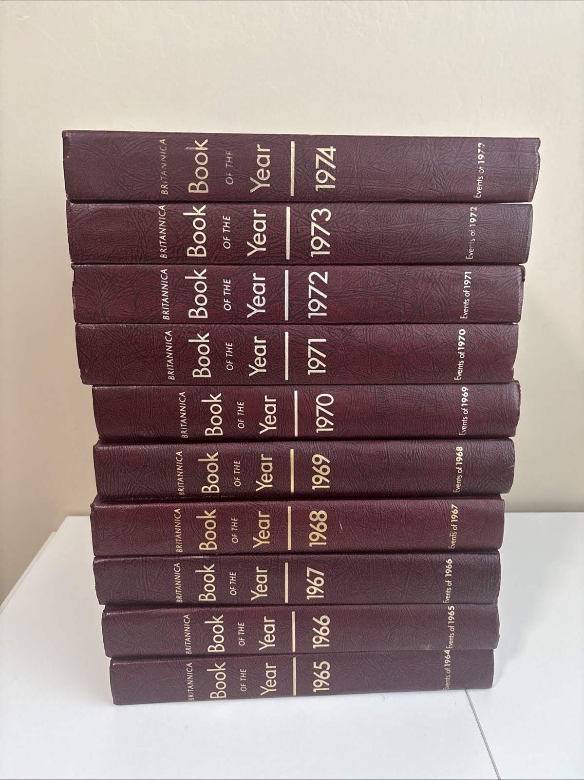 Britannica Book Of The Year 1965-1974 Events From Hardback Leather Set Of 10