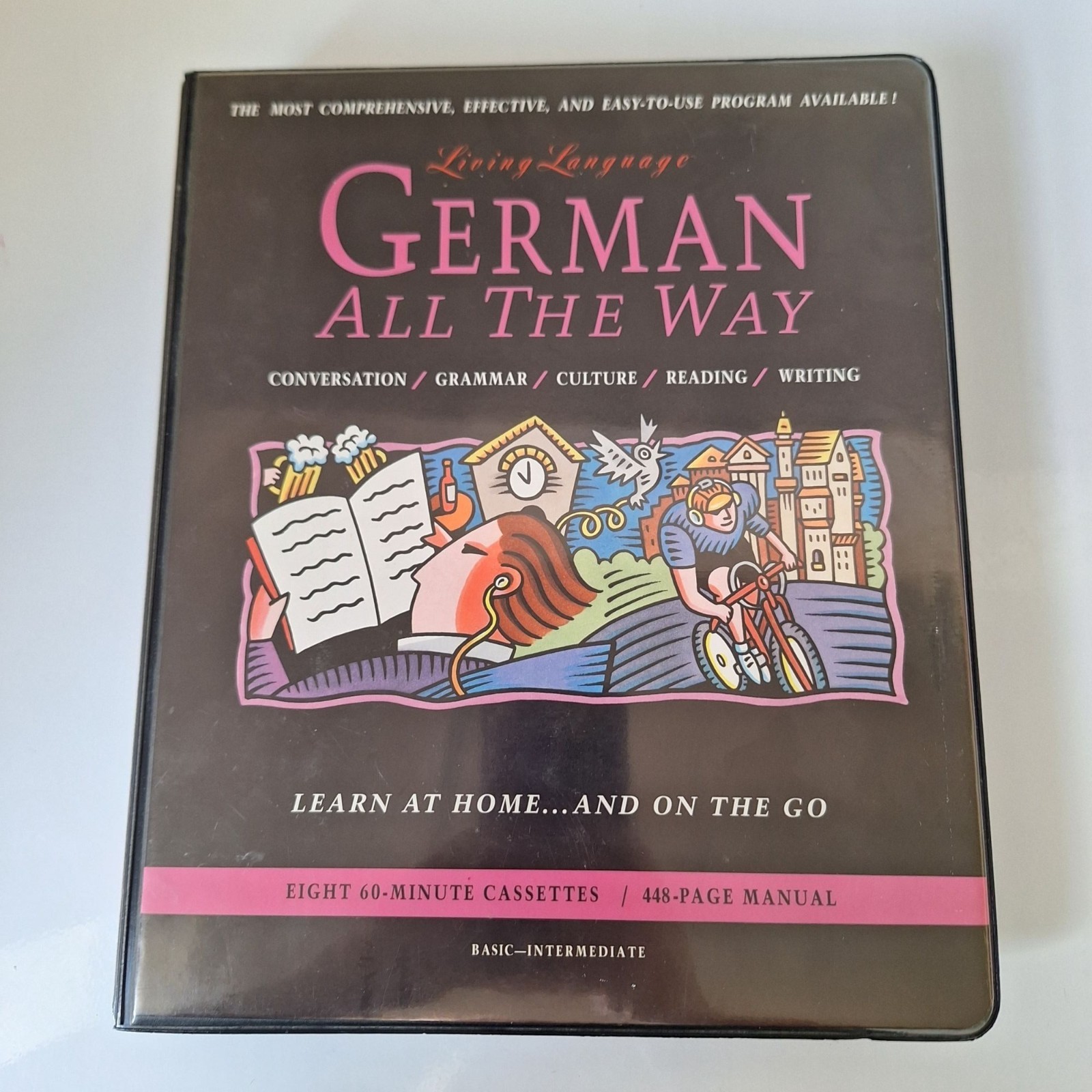 LIVING LANGUAGE “GERMAN ALL THE WAY” BOOK AND (8) AUDIO CASSETTES IN CASE VINTAG